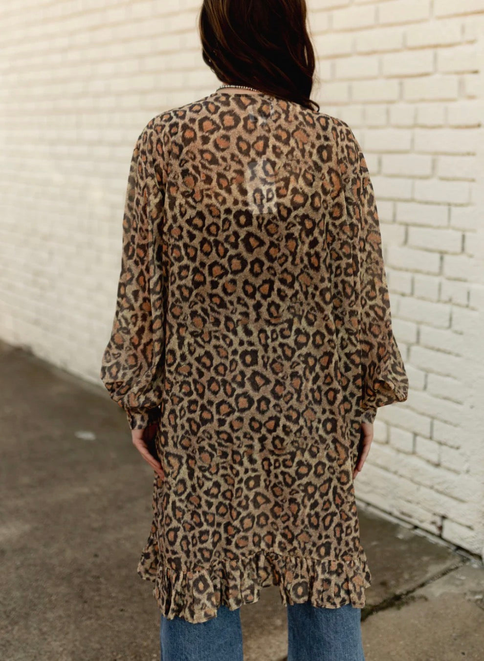 Turquoise Haven Ruffle Trim Leopard Kimono – Brown/Tan