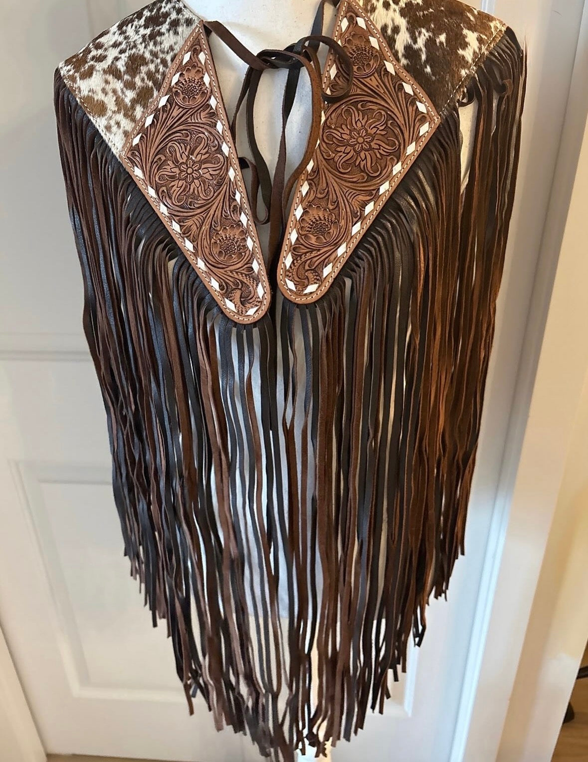 Handtooled hide fringe shawl brown