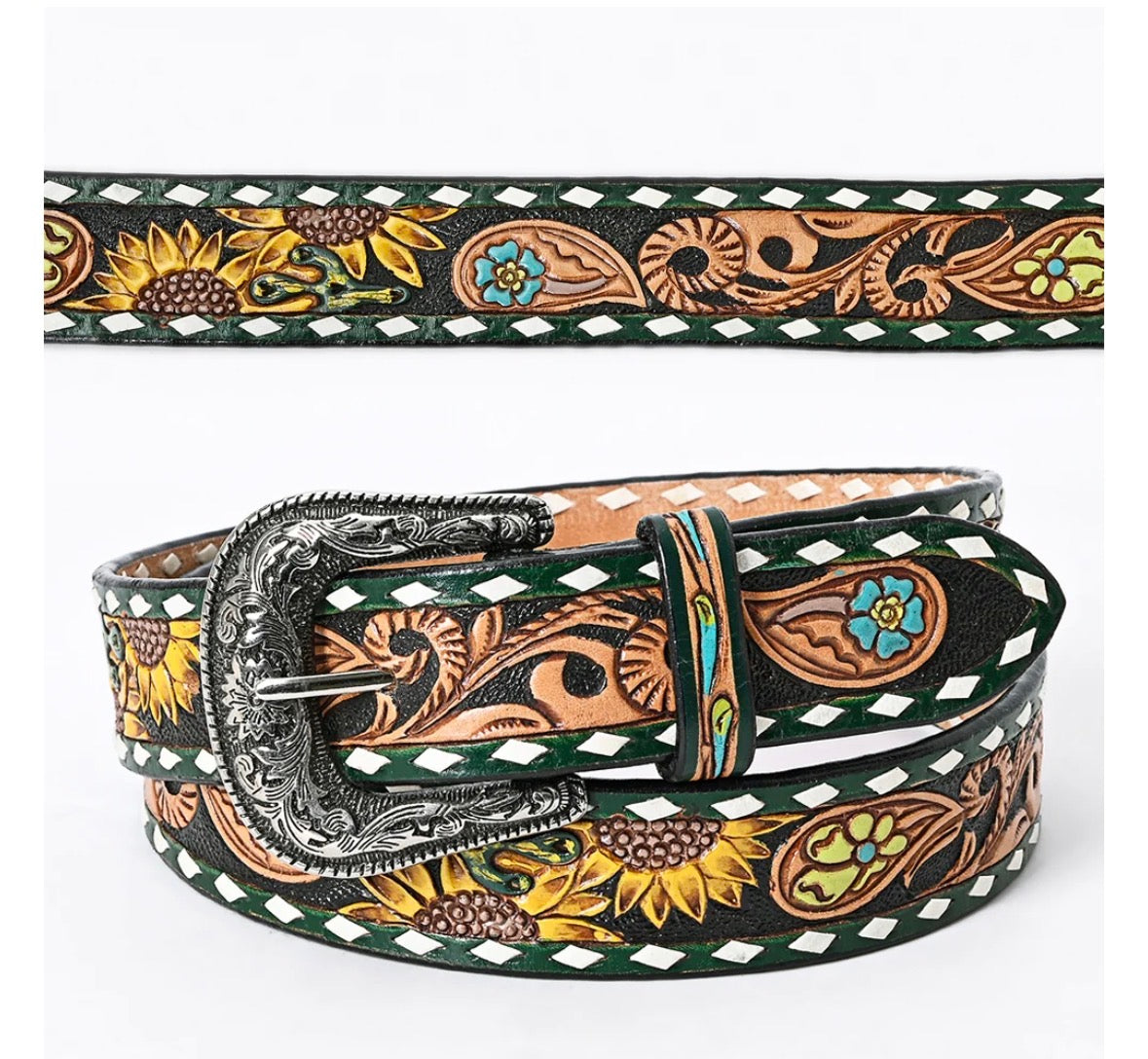 Tooled Leather Western Belt - Sunflower & Floral Scroll With Green Diamond Border