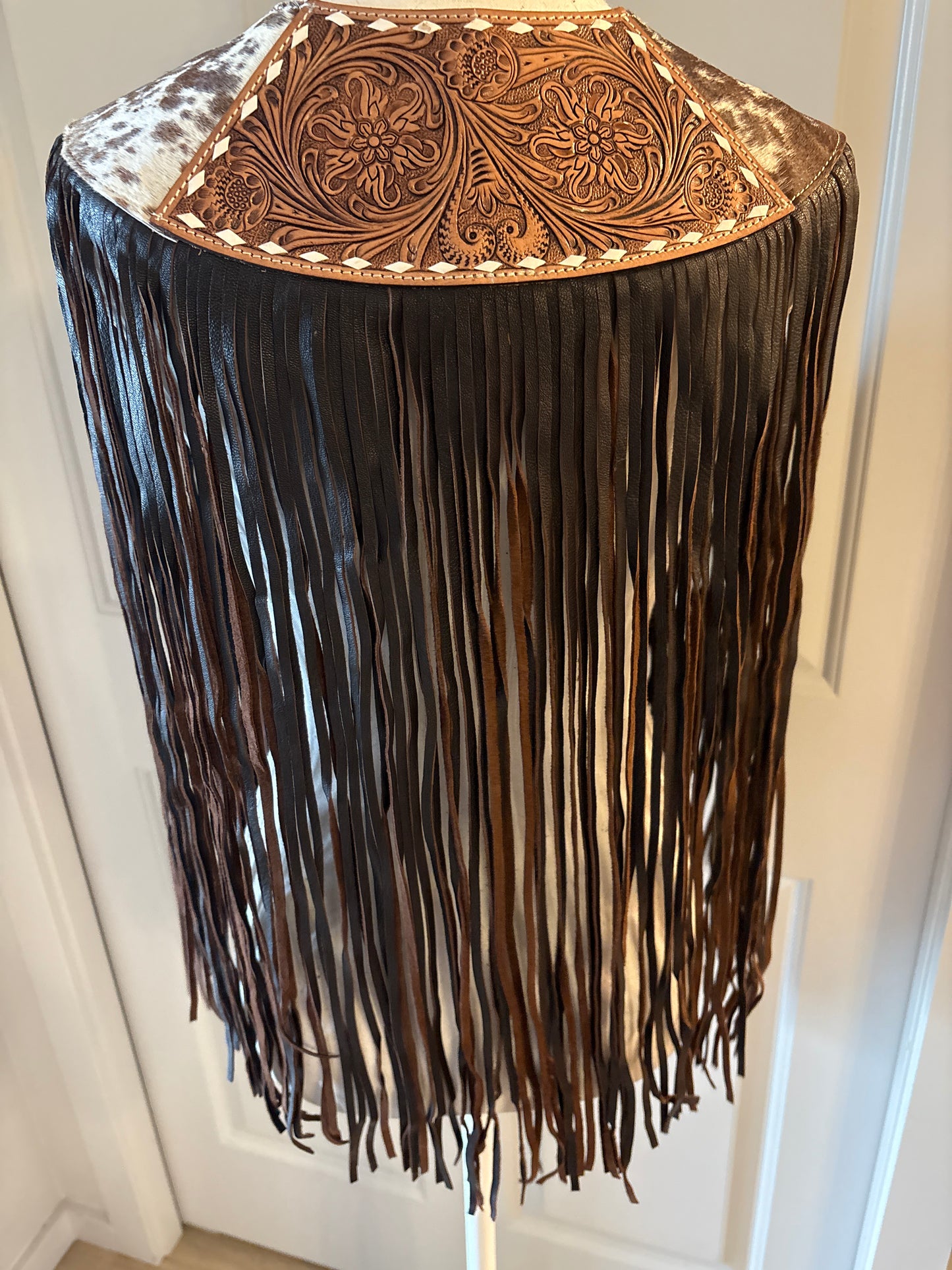Handtooled hide fringe shawl brown