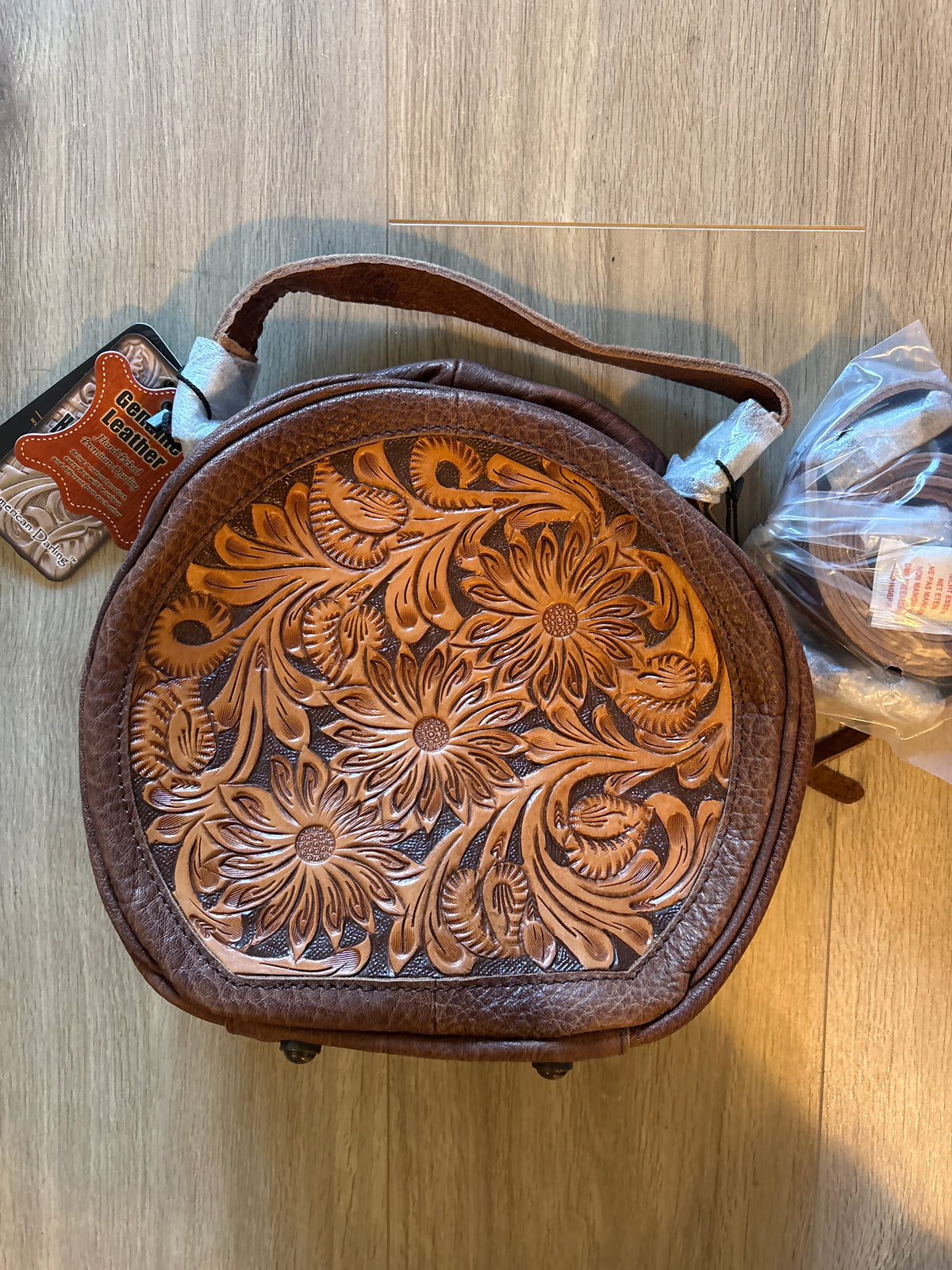 American Darling Hand Tooled Floral Leather Canteen Bag Western Crossbody