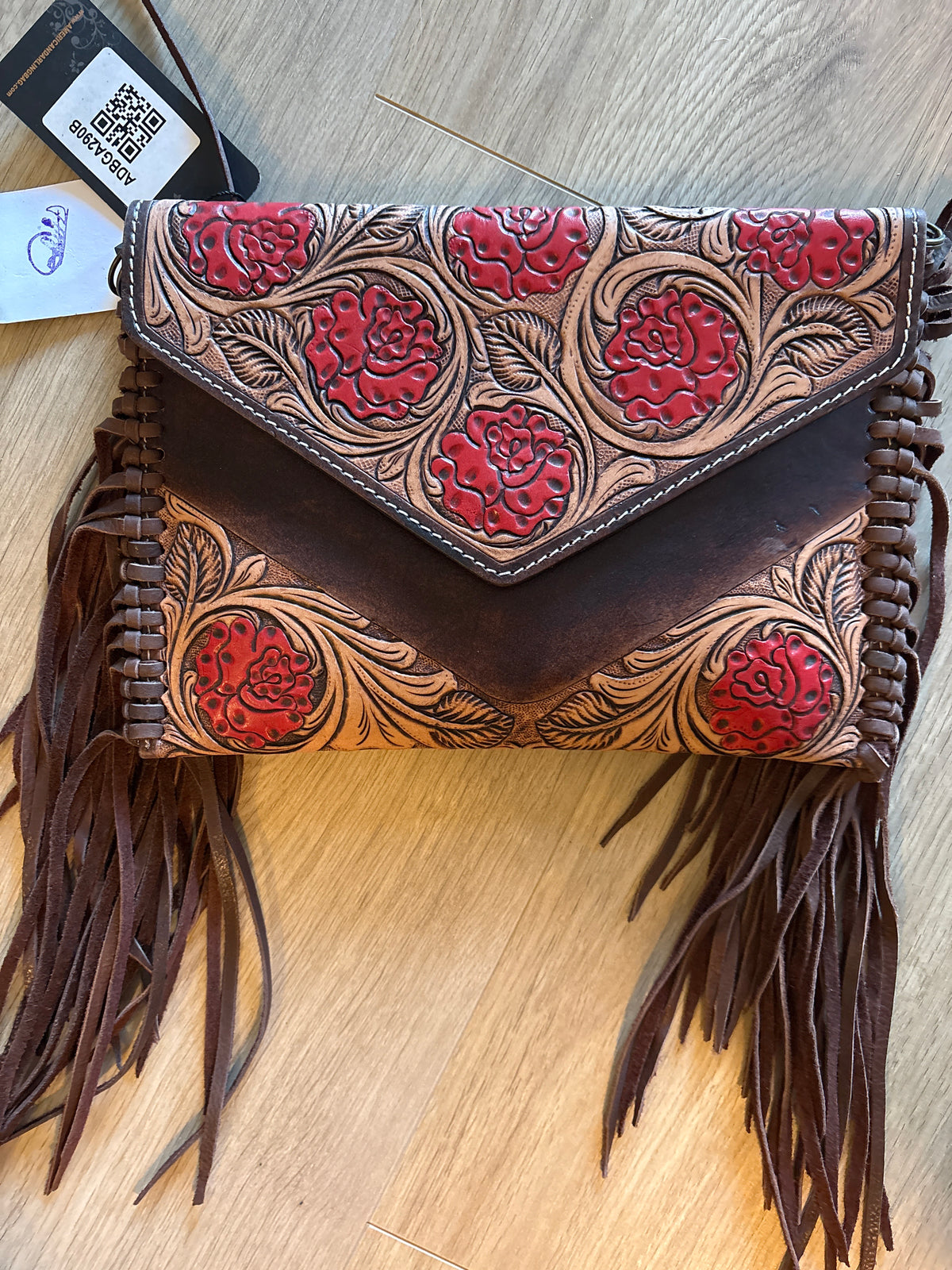 American Darling Hand Tooled Floral Carved Leather Envelope With Fringes