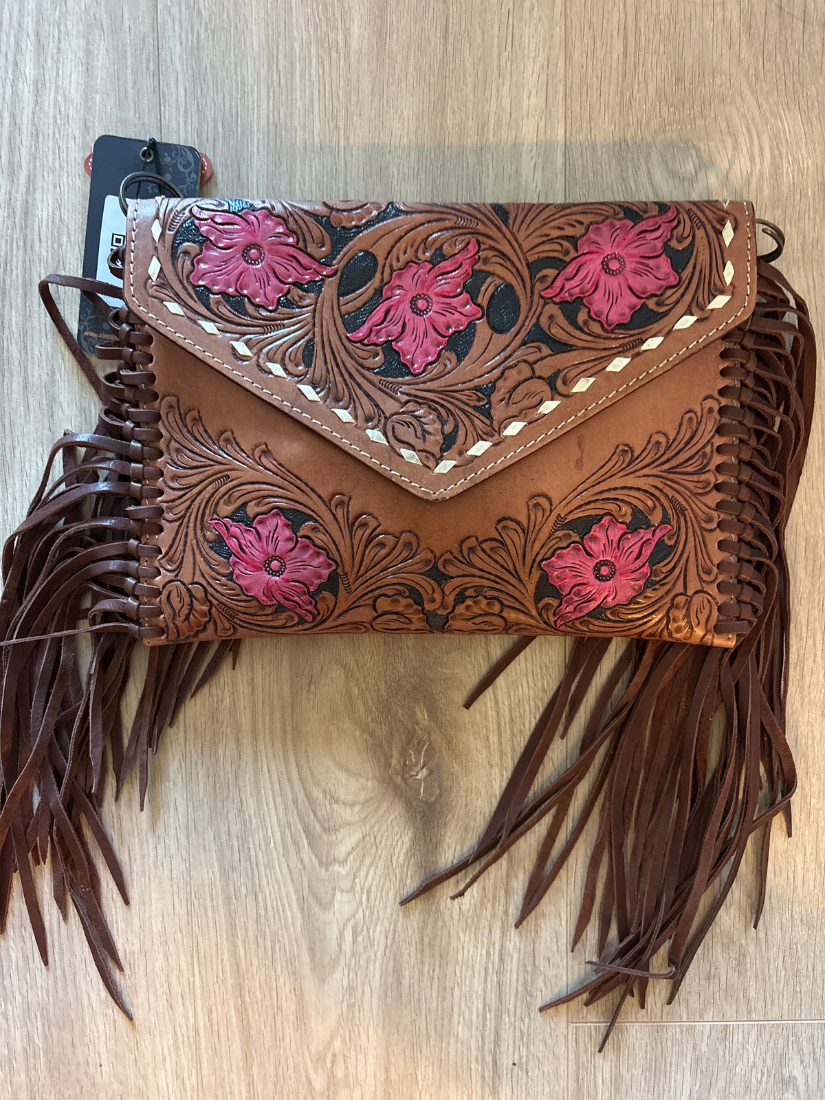 American Darling Hand Tooled Floral Carved Leather Envelope With Fringes