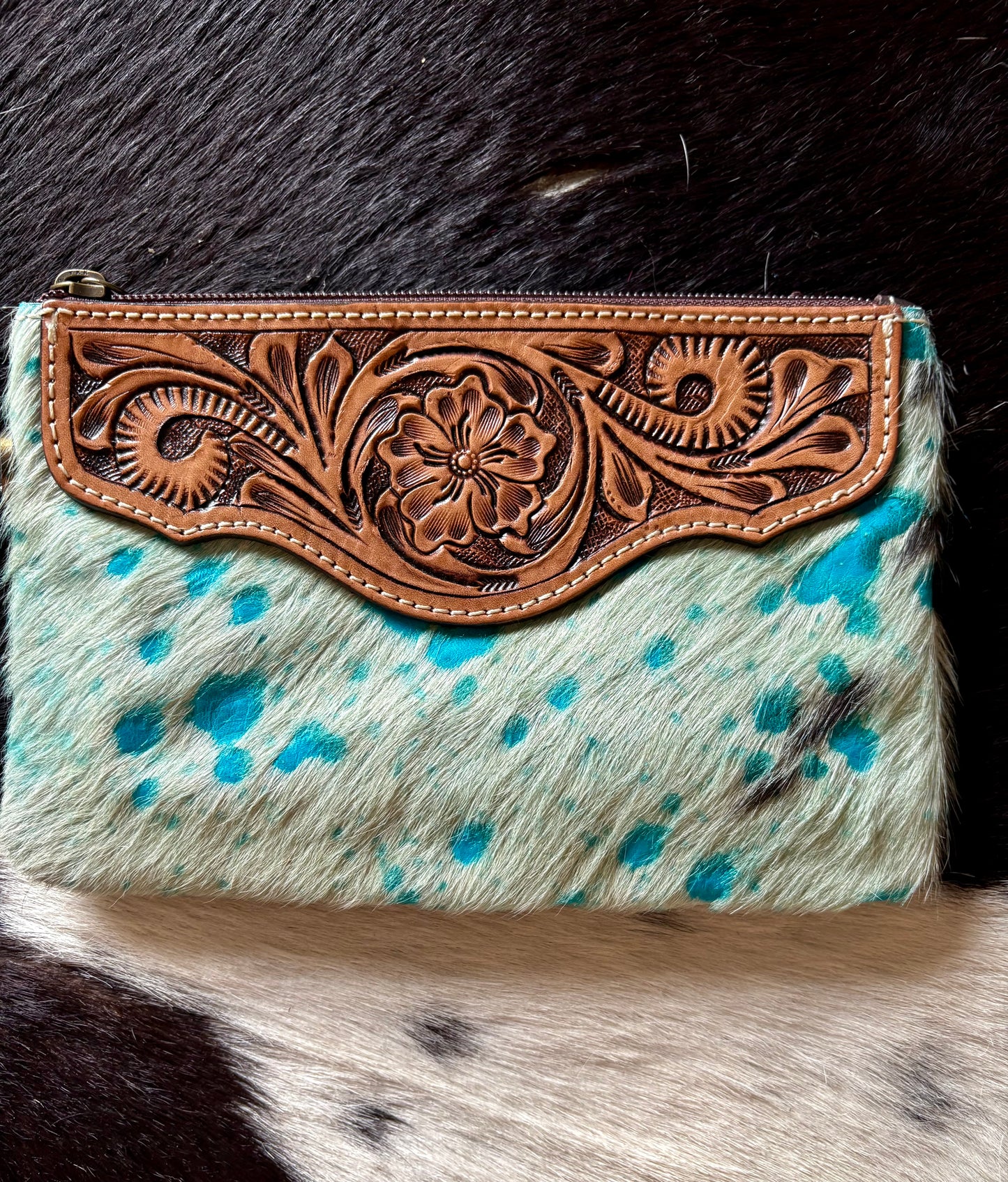 Turquoise cowhide handtooled wristlet
