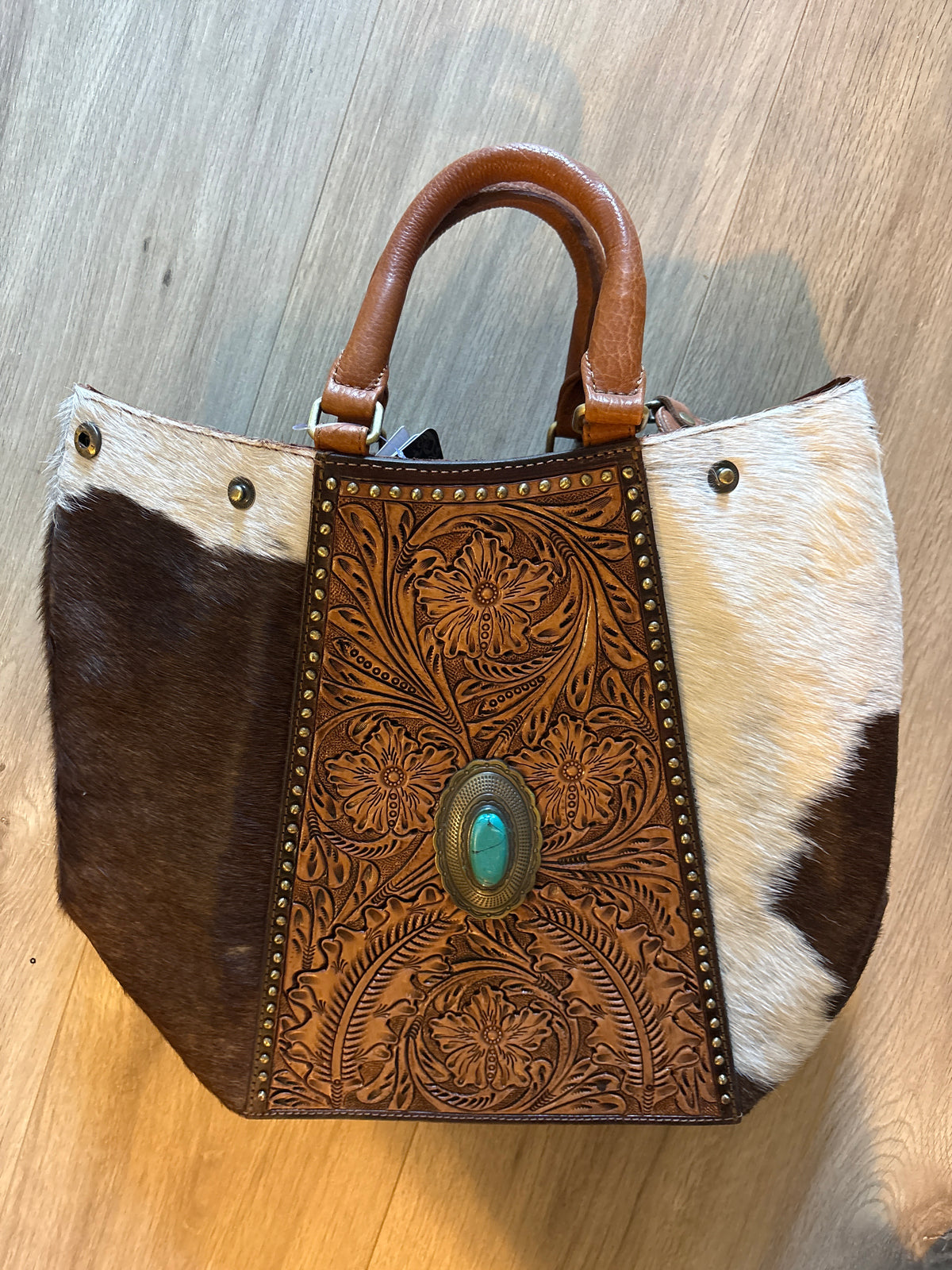 Hair-On Hide Western Tote With Tooled Leather & Turquoise Concho