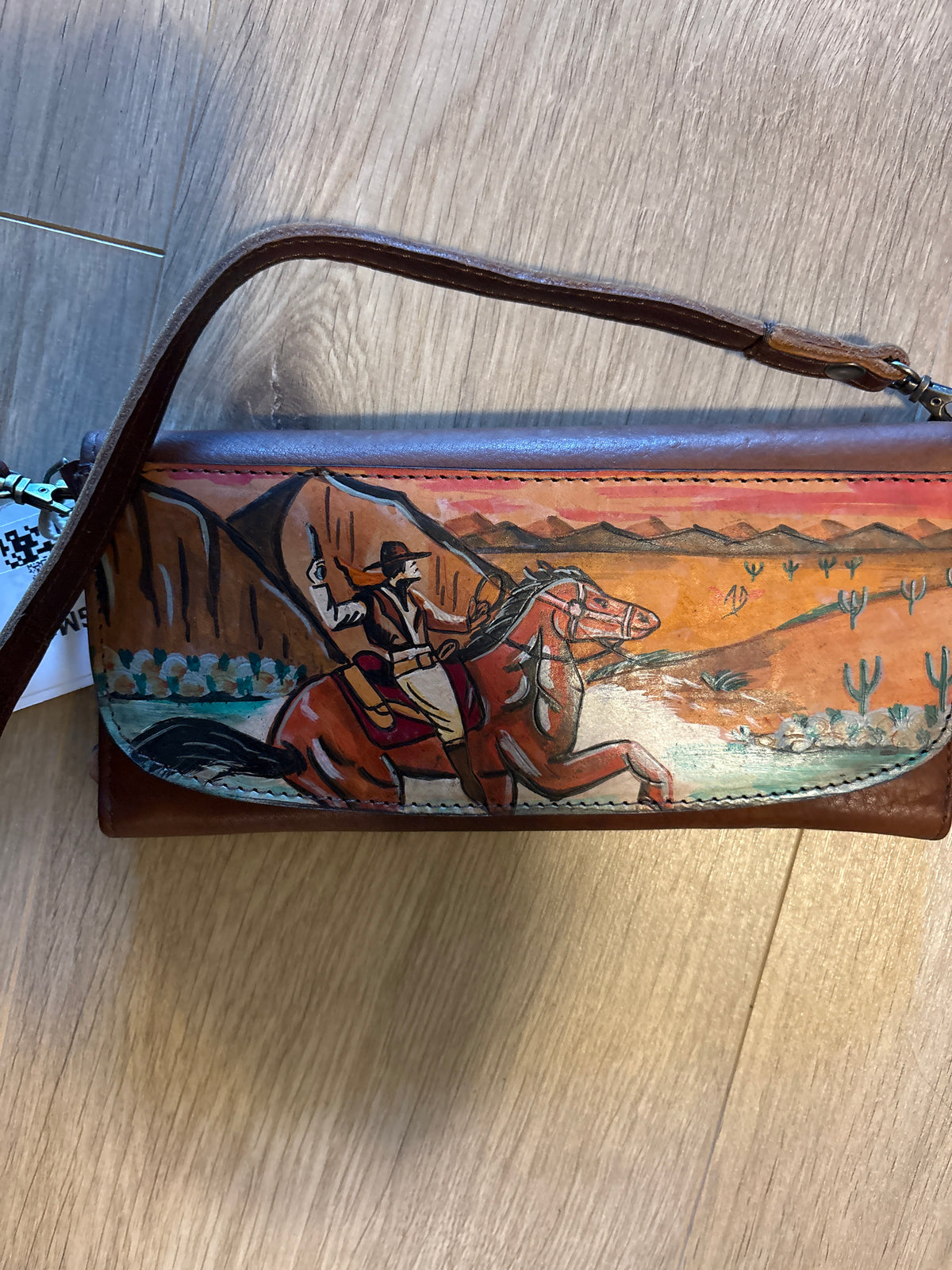 Hand-Painted Leather Crossbody Clutch - Western Design