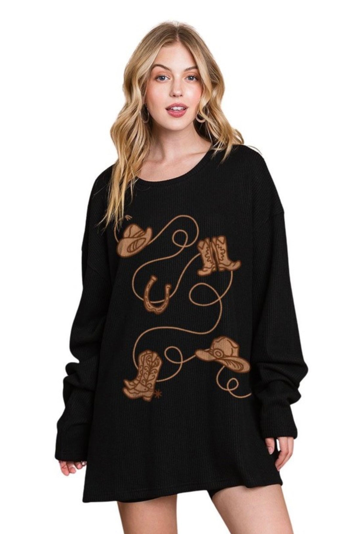 Last one M/L Embroidered Cowboy Trail waffle top