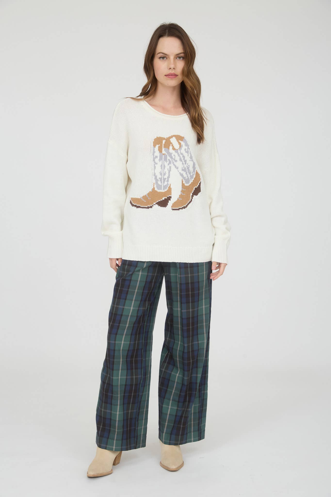 WESTERN BOOT JACQUARD LONG SLEEVE KNIT SWEATER