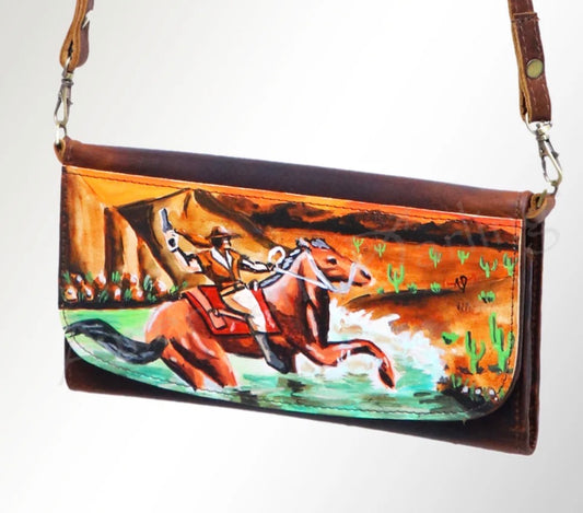 Hand-Painted Leather Crossbody Clutch - Western Design
