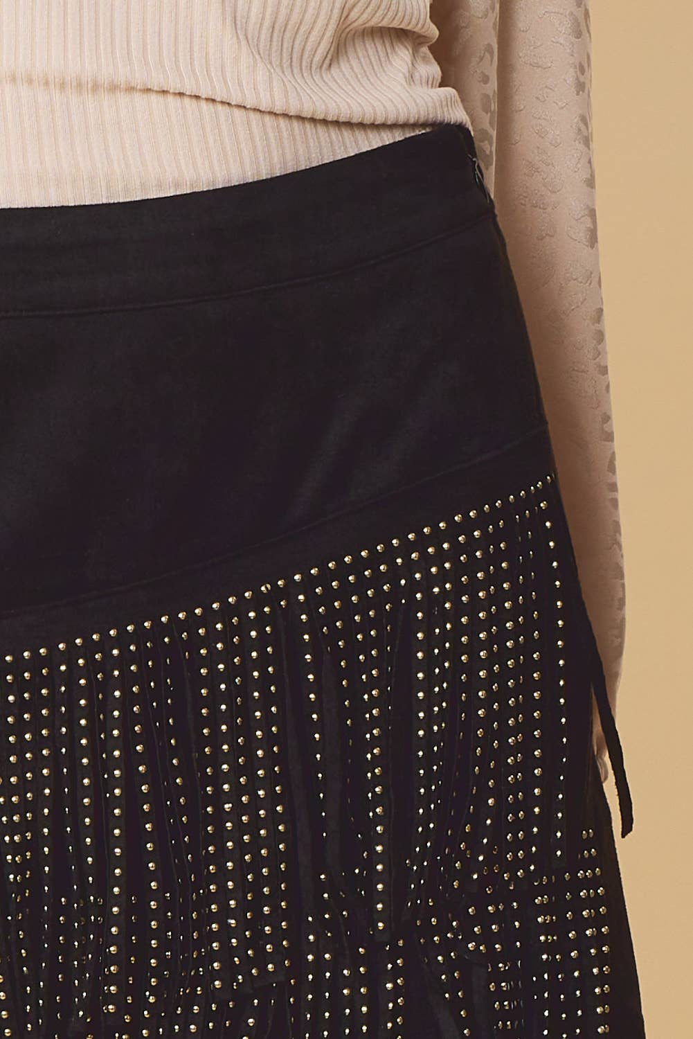 Black SKORT WITH STUDDED FRINGES AND SIDE ZIPPER