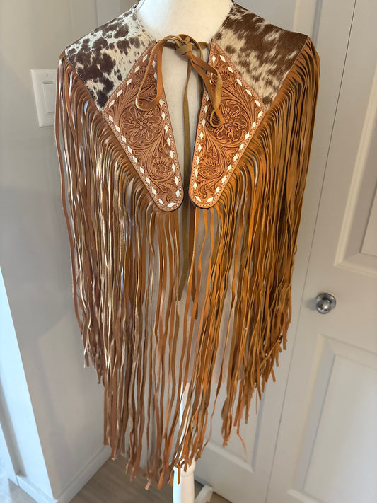 Handtooled hide fringe shawl tan