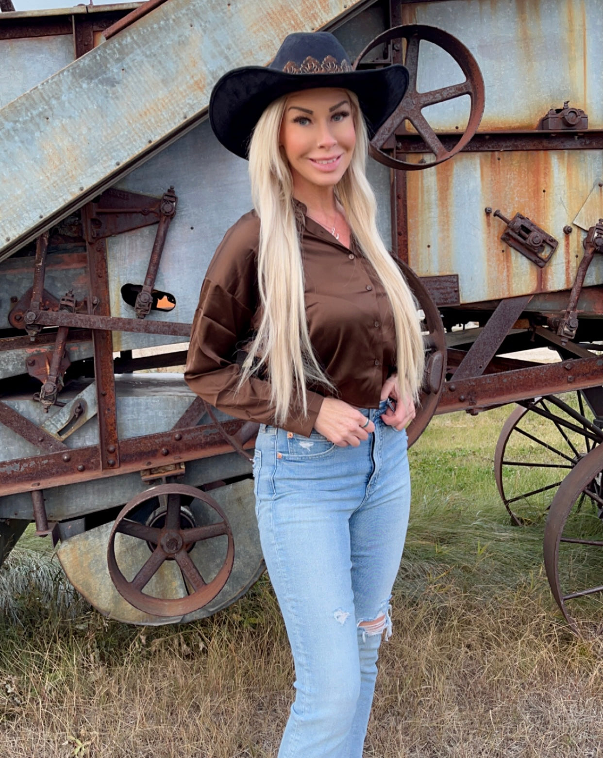 Brown Satin Long Sleeve Button Down Blouse Top