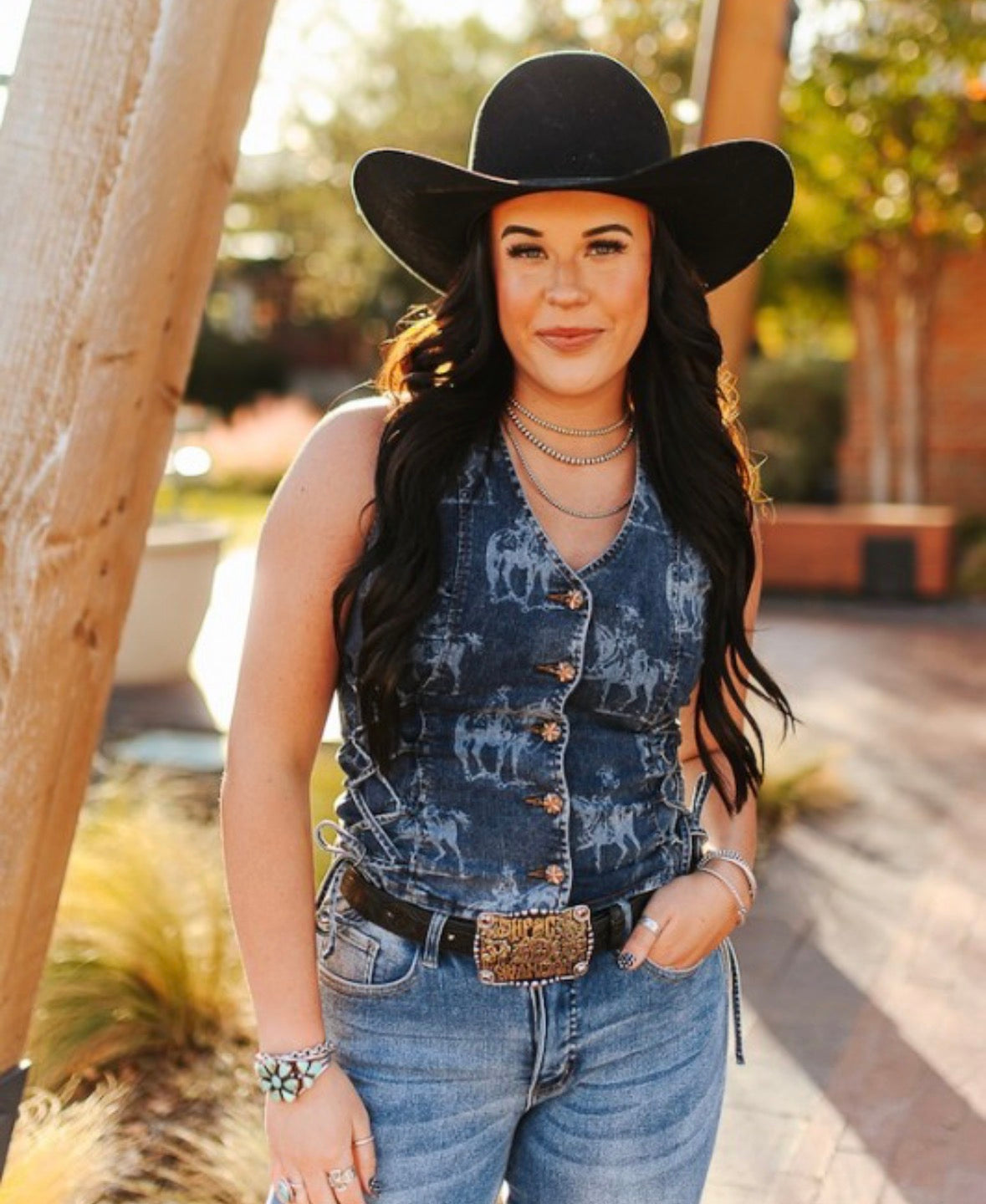 Lucky & Blessed Dark Wash Laser Western Concho Button Down Vest