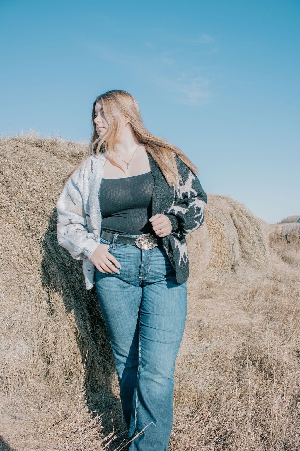 Cozy Two-Tone Horse Print Cardigan