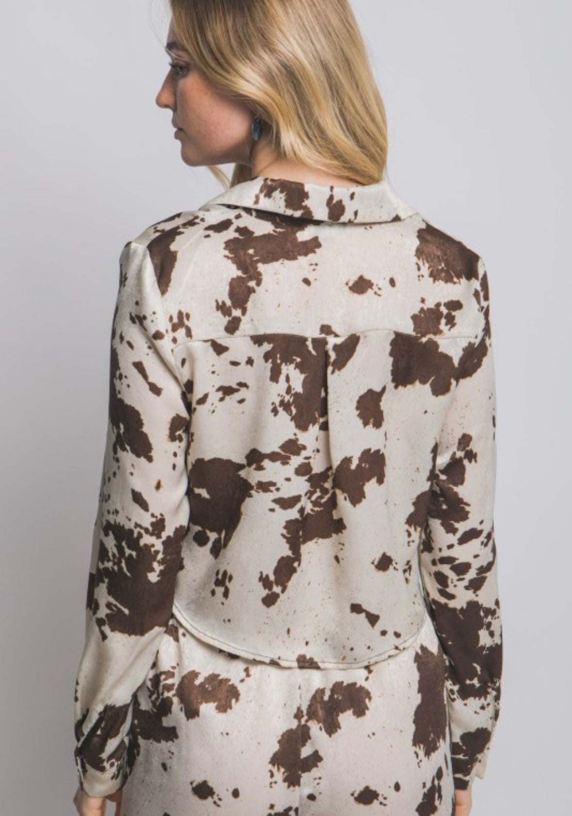 Cow print crop blouse in brown