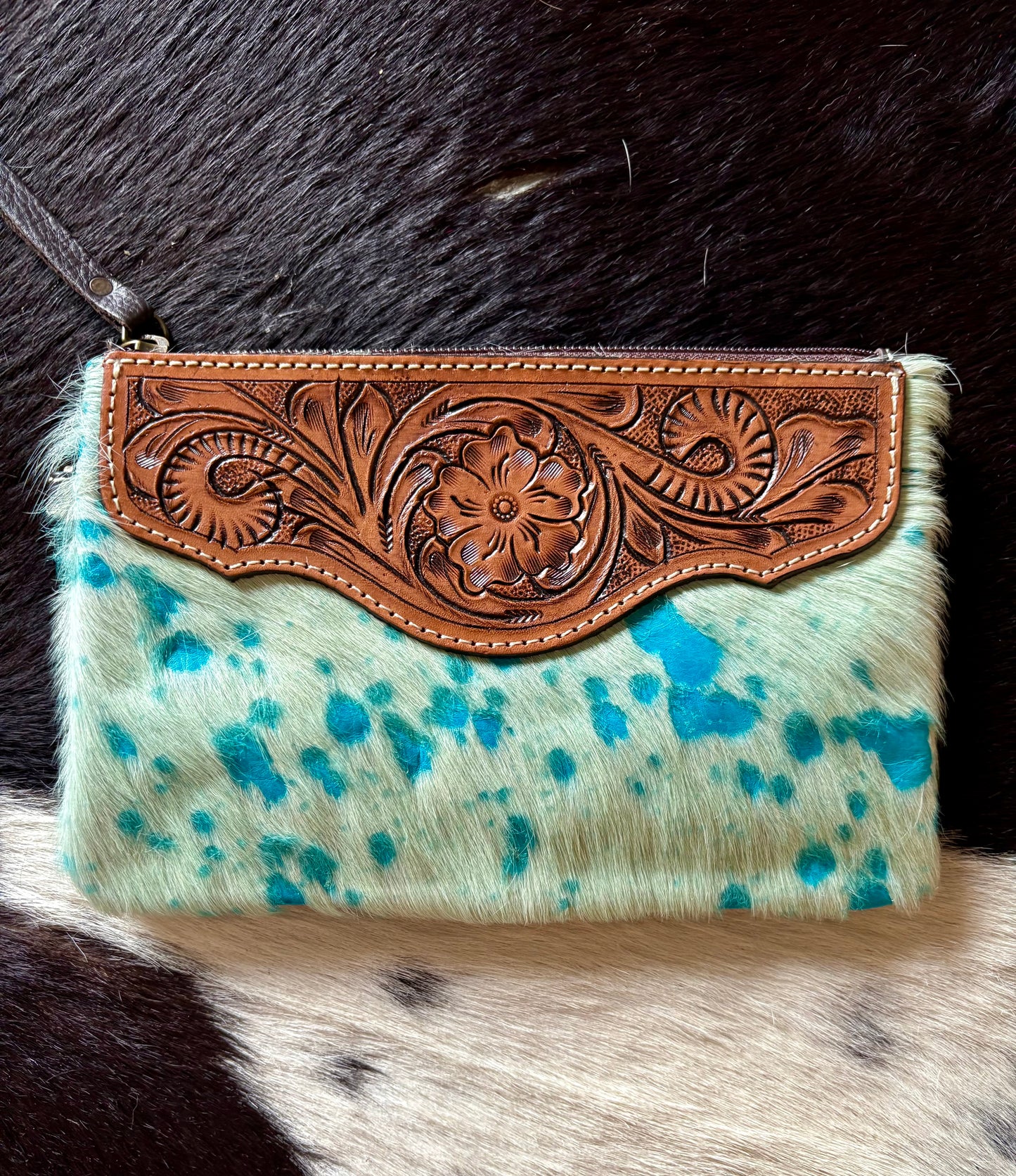 Turquoise cowhide handtooled wristlet