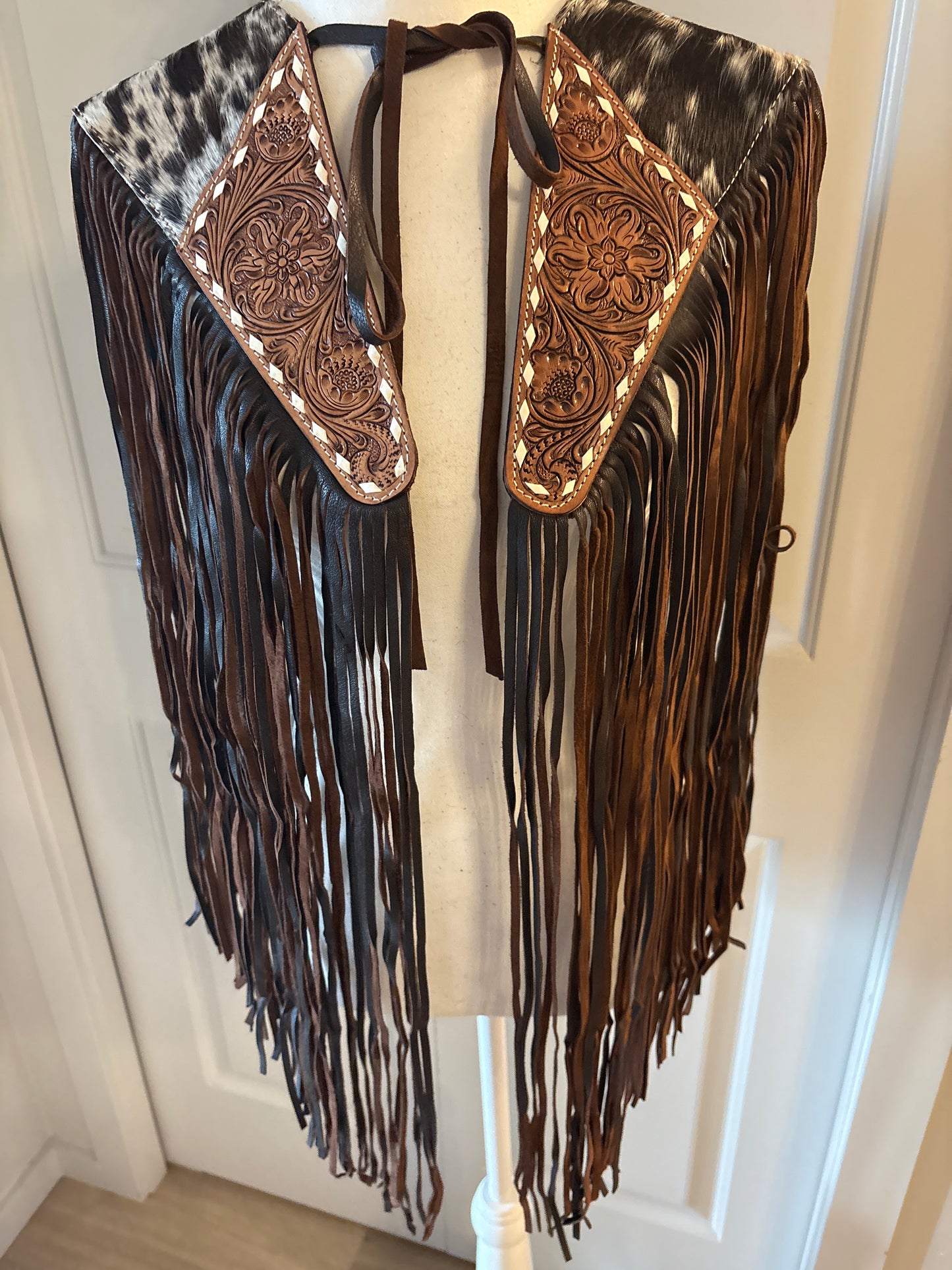 Handtooled hide fringe shawl brown
