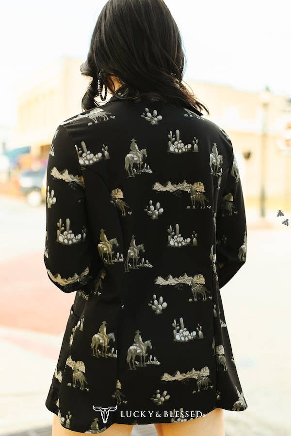 Black Western Horse Printed Long Sleeve Blazer