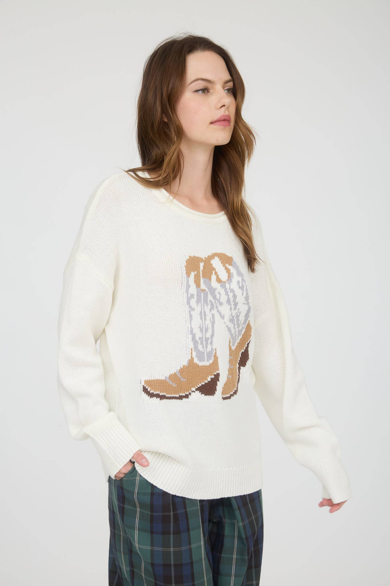 WESTERN BOOT JACQUARD LONG SLEEVE KNIT SWEATER