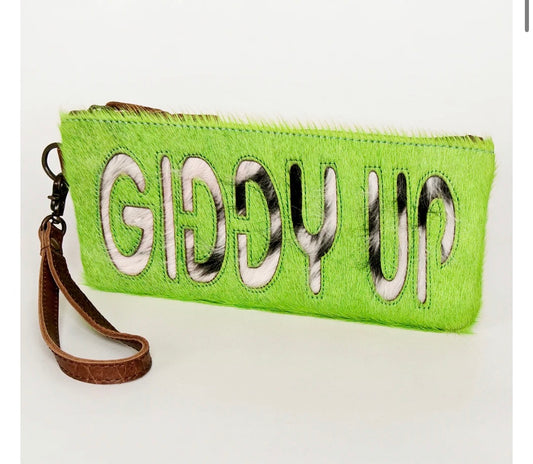 American Darling Western Leather Wristlet Bag With Hair-On Cowhide And Inlay giddy up