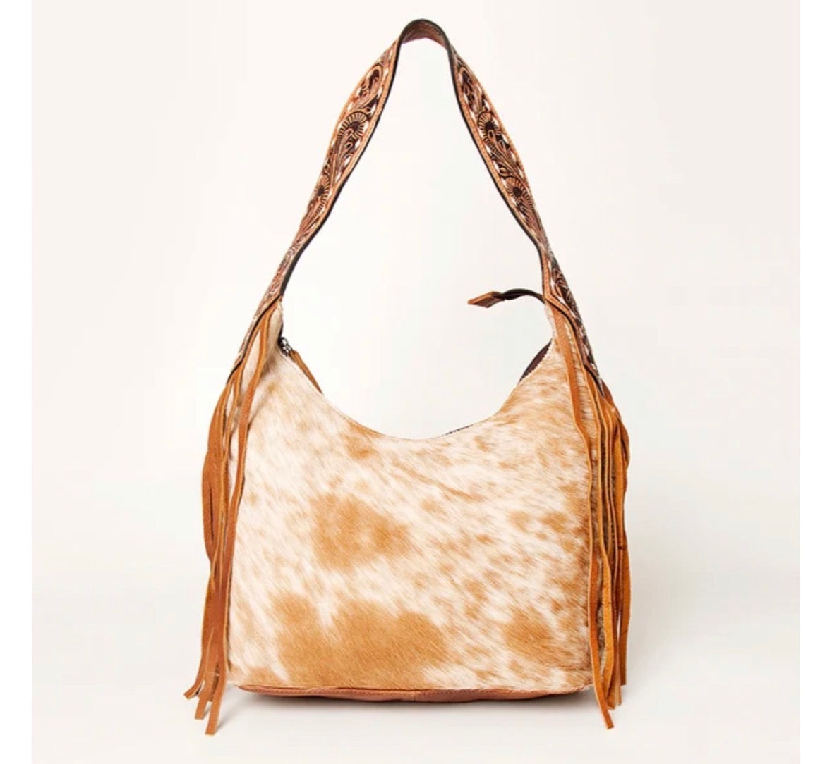 American Darling Hair-On Cowhide Fringe Hobo Bag Floral Tooled Leather