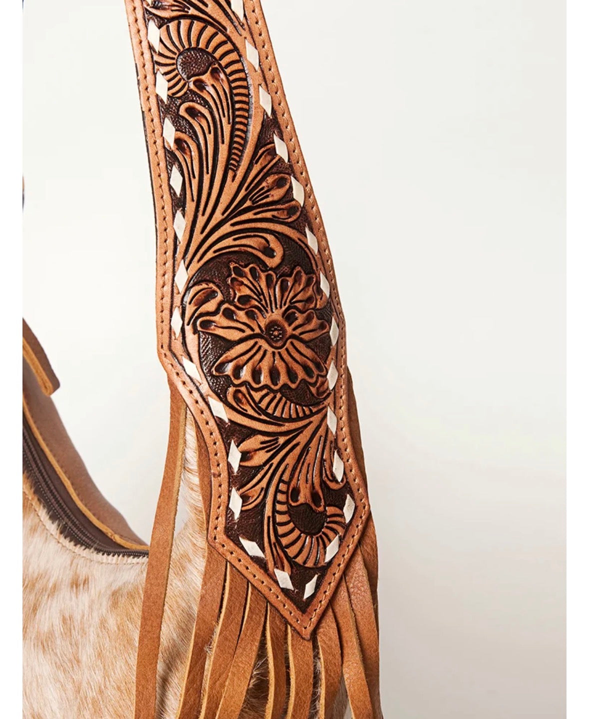 American Darling Hair-On Cowhide Fringe Hobo Bag Floral Tooled Leather