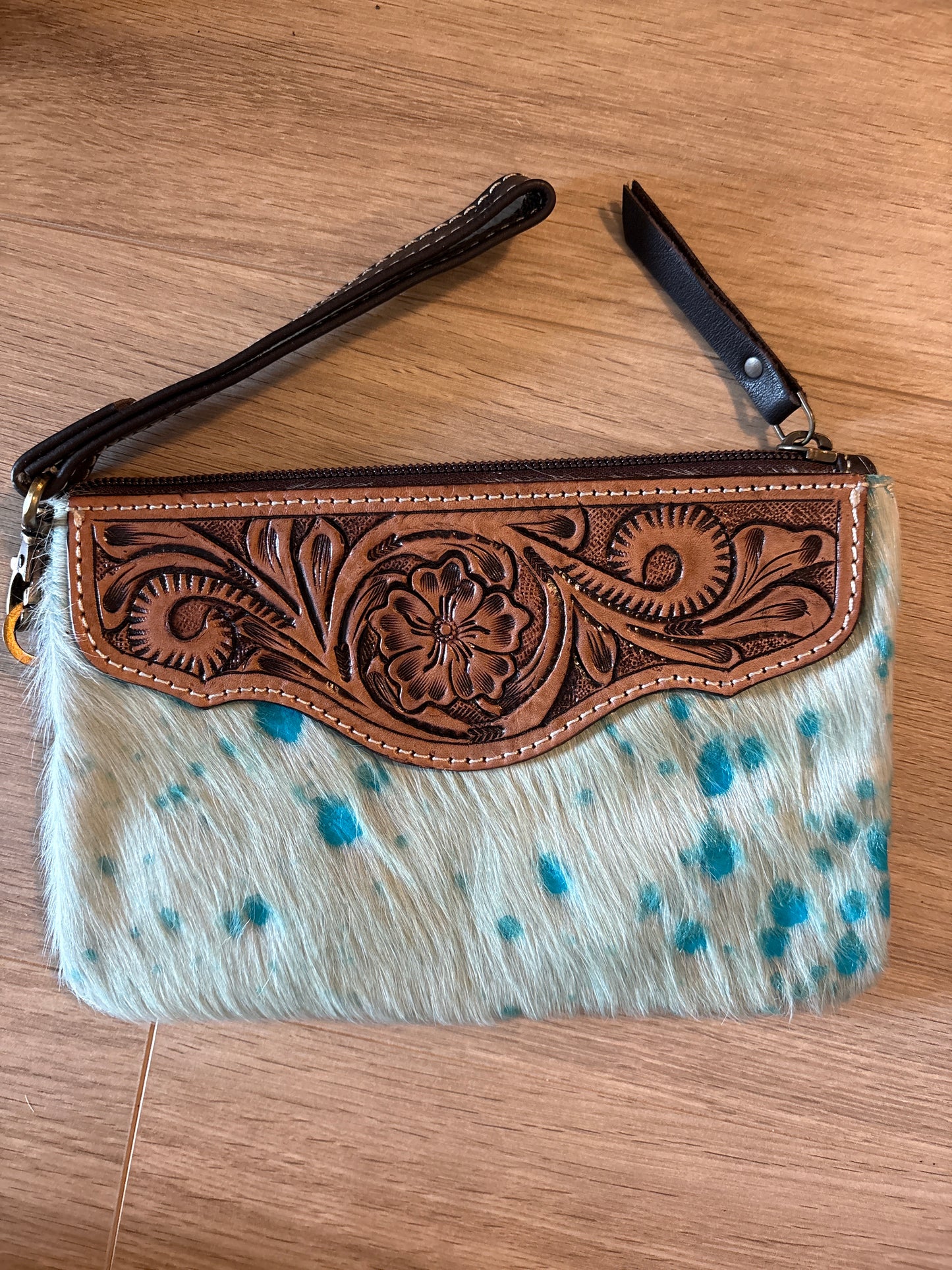 Turquoise cowhide handtooled wristlet