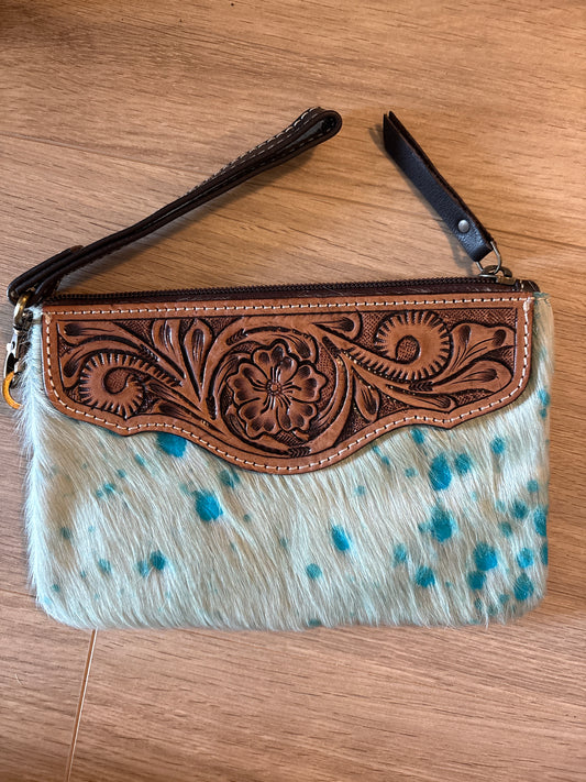 Turquoise cowhide handtooled wristlet
