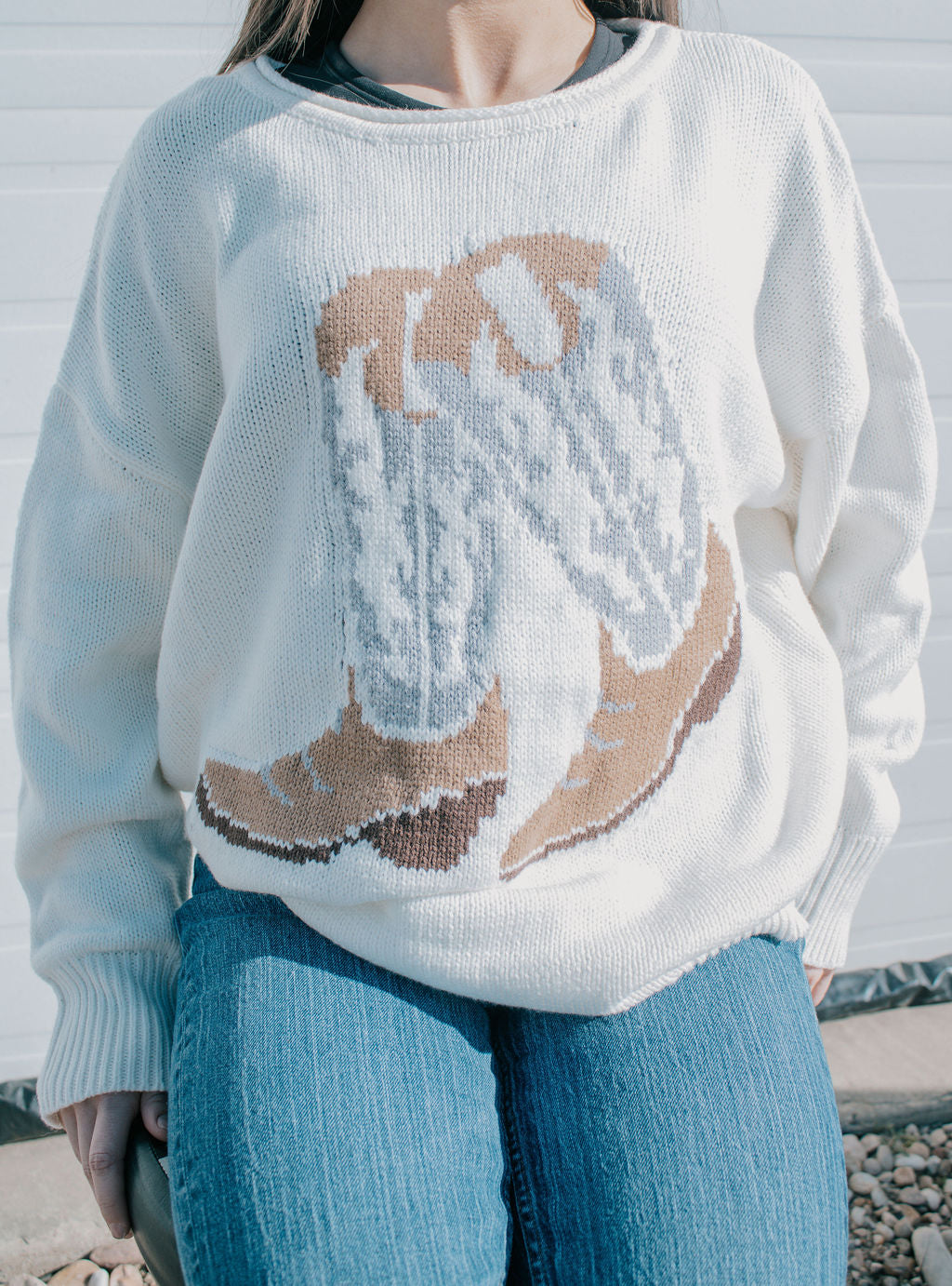 WESTERN BOOT JACQUARD LONG SLEEVE KNIT SWEATER