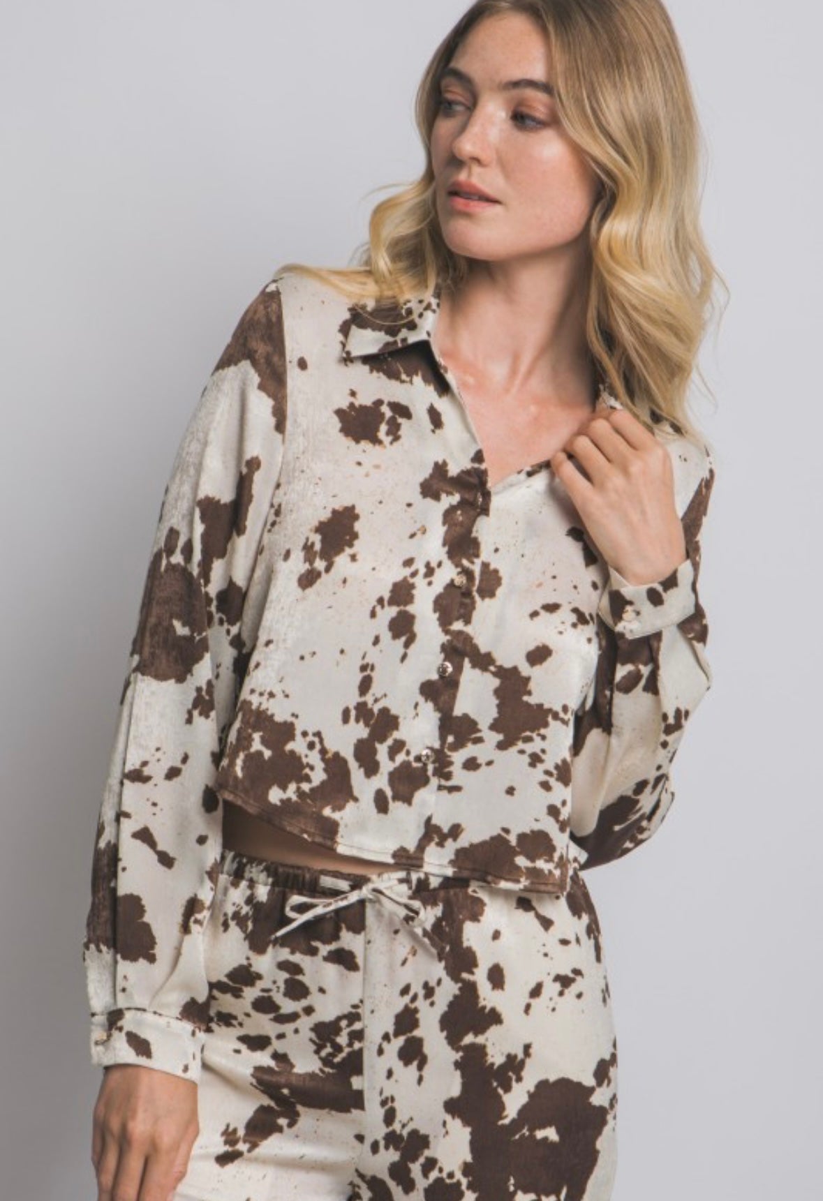 Cow print crop blouse in brown