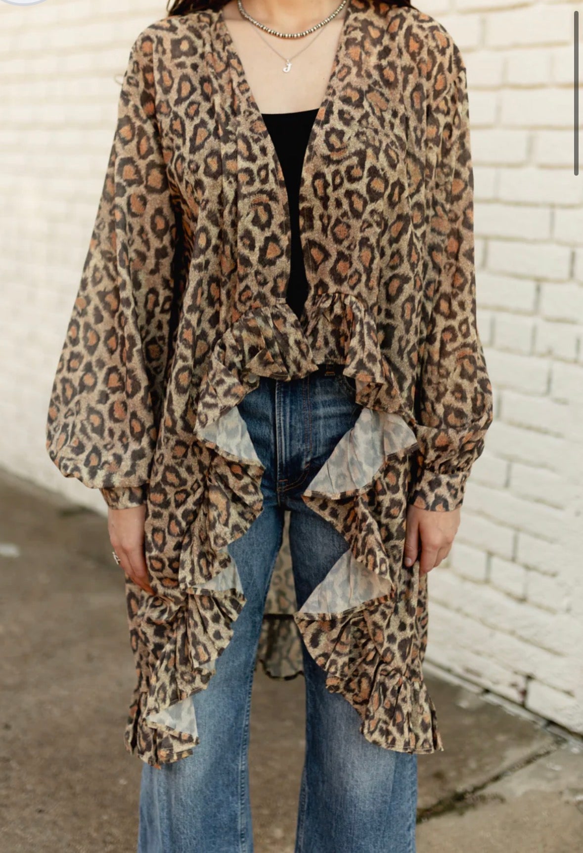 Turquoise Haven Ruffle Trim Leopard Kimono – Brown/Tan