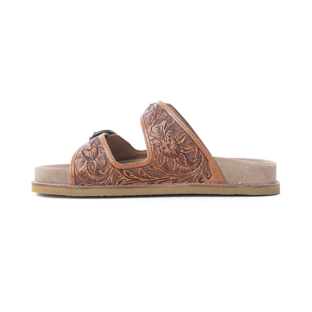 Desert Fern Handtooled Leather Sandals in Autumn Tan