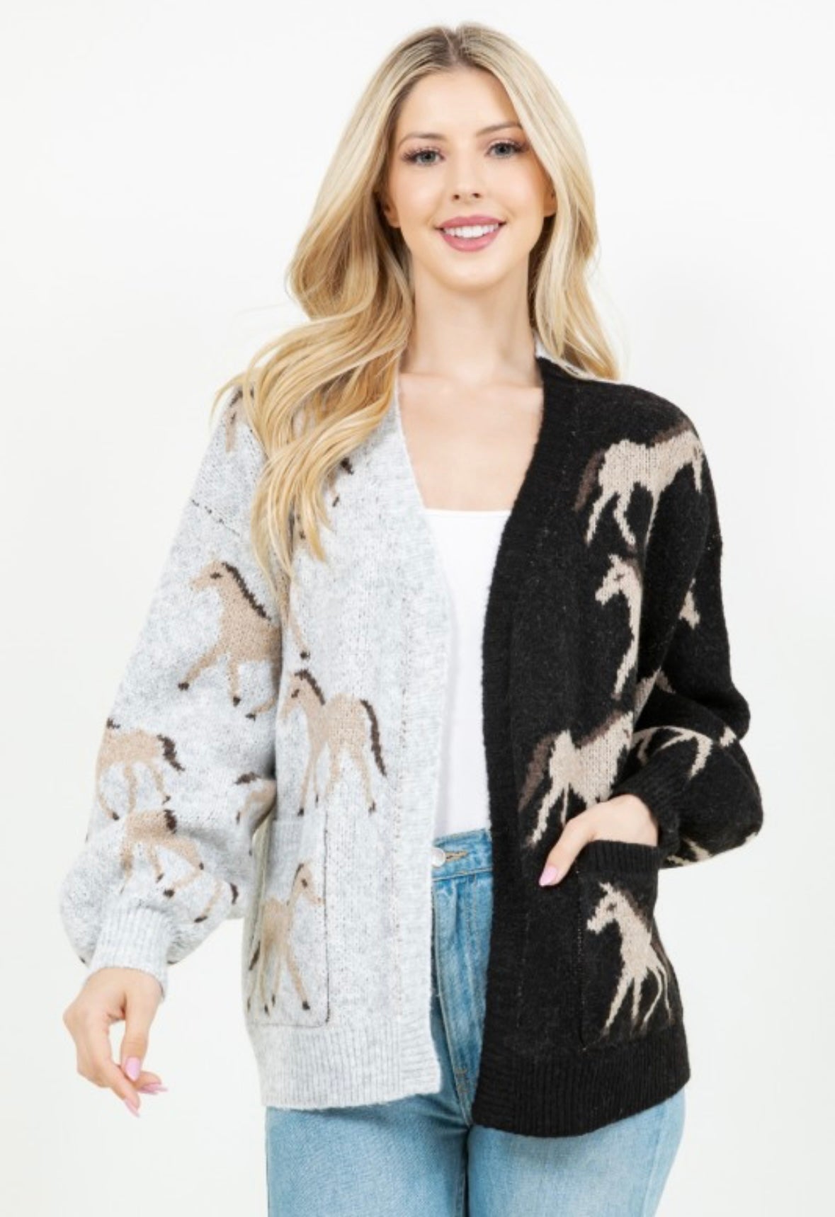 Cozy Two-Tone Horse Print Cardigan