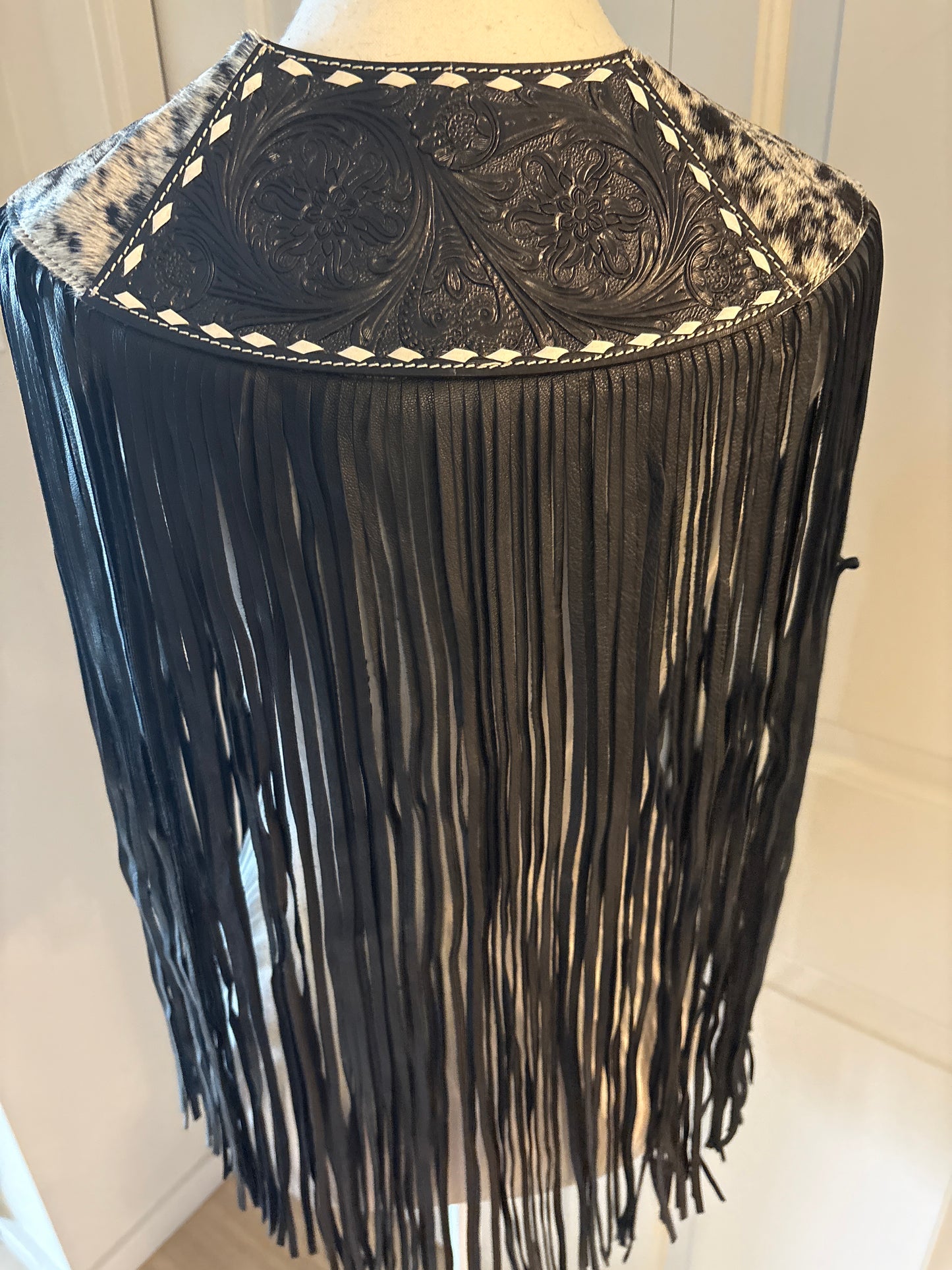 Handtooled hide fringe shawl black