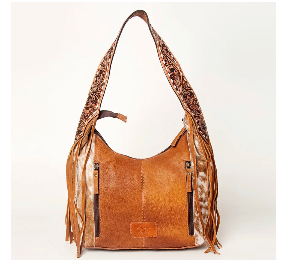 American Darling Hair-On Cowhide Fringe Hobo Bag Floral Tooled Leather