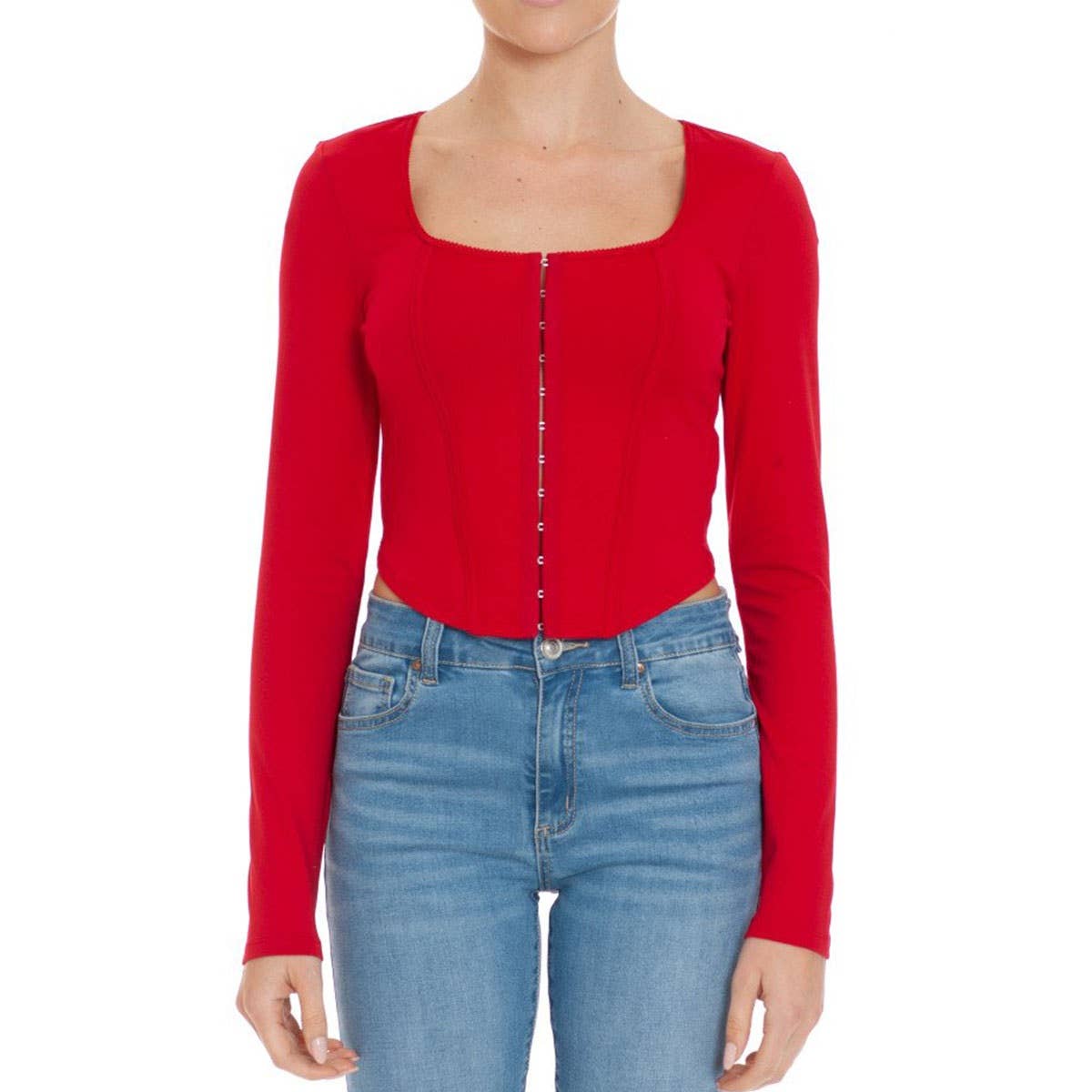 Red SQUARE NECK LONG SLEEVE CROPPED CORSET TOP