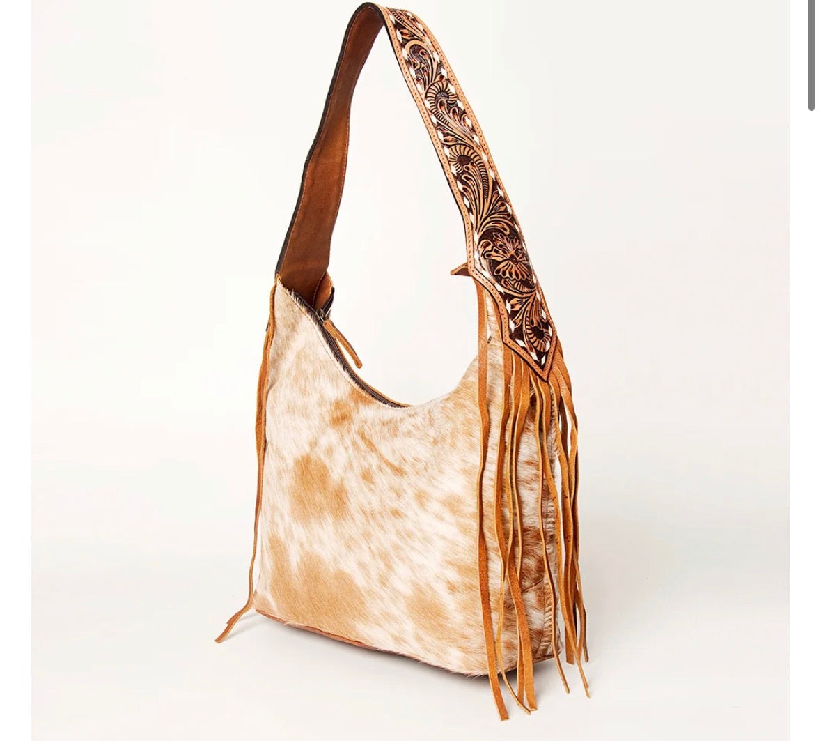 American Darling Hair-On Cowhide Fringe Hobo Bag Floral Tooled Leather