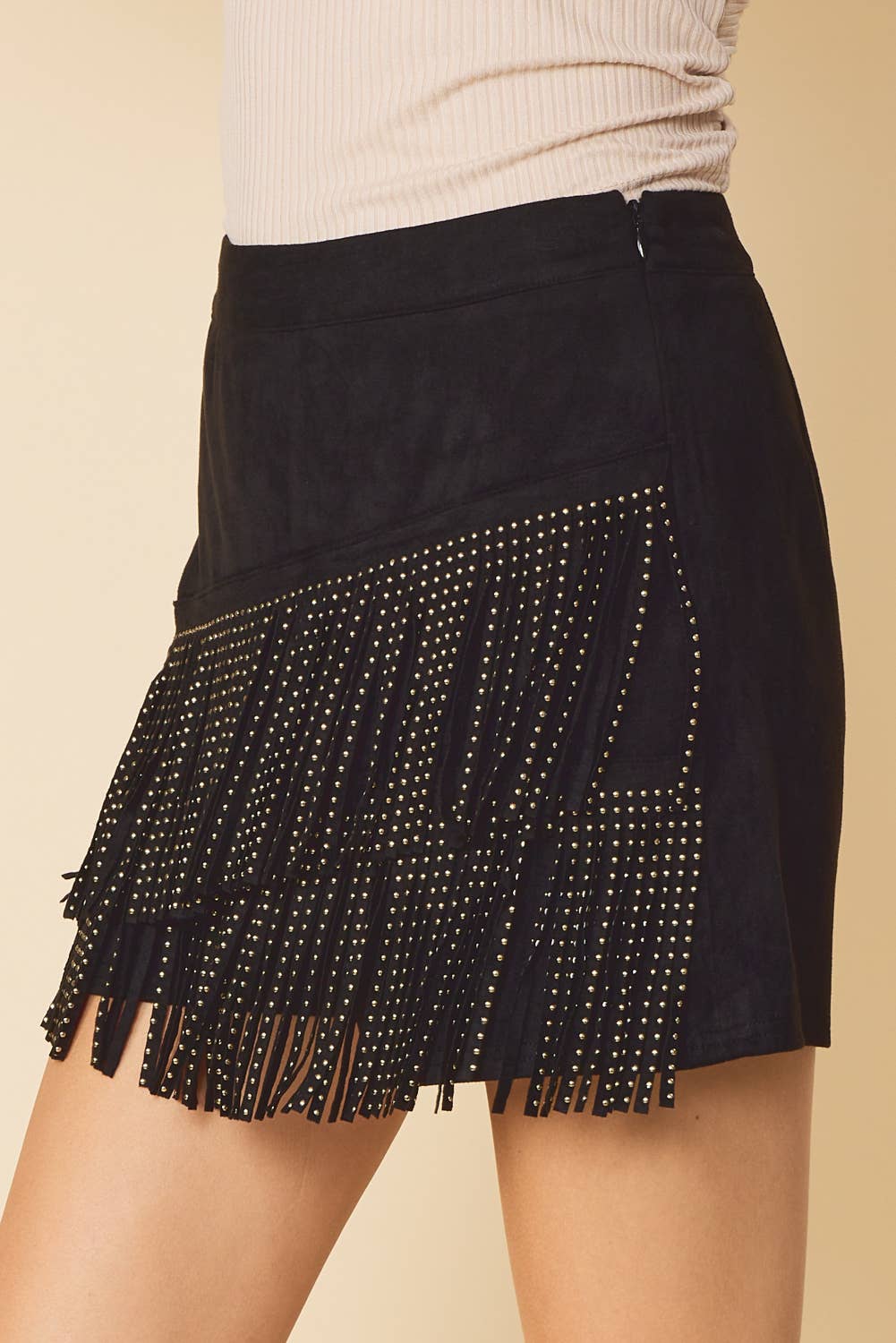 Black SKORT WITH STUDDED FRINGES AND SIDE ZIPPER