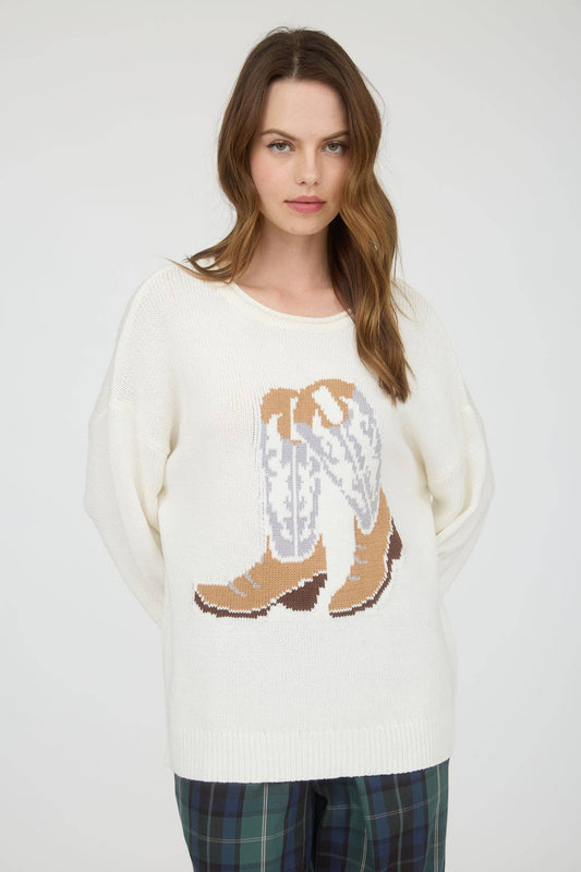WESTERN BOOT JACQUARD LONG SLEEVE KNIT SWEATER