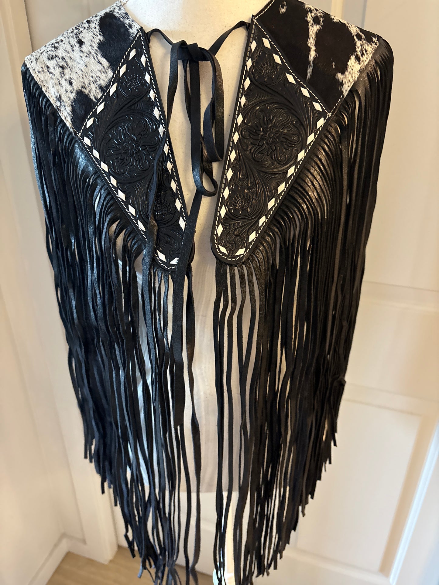 Handtooled hide fringe shawl black