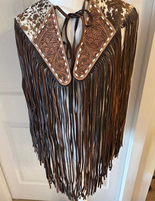 Handtooled hide fringe shawl brown