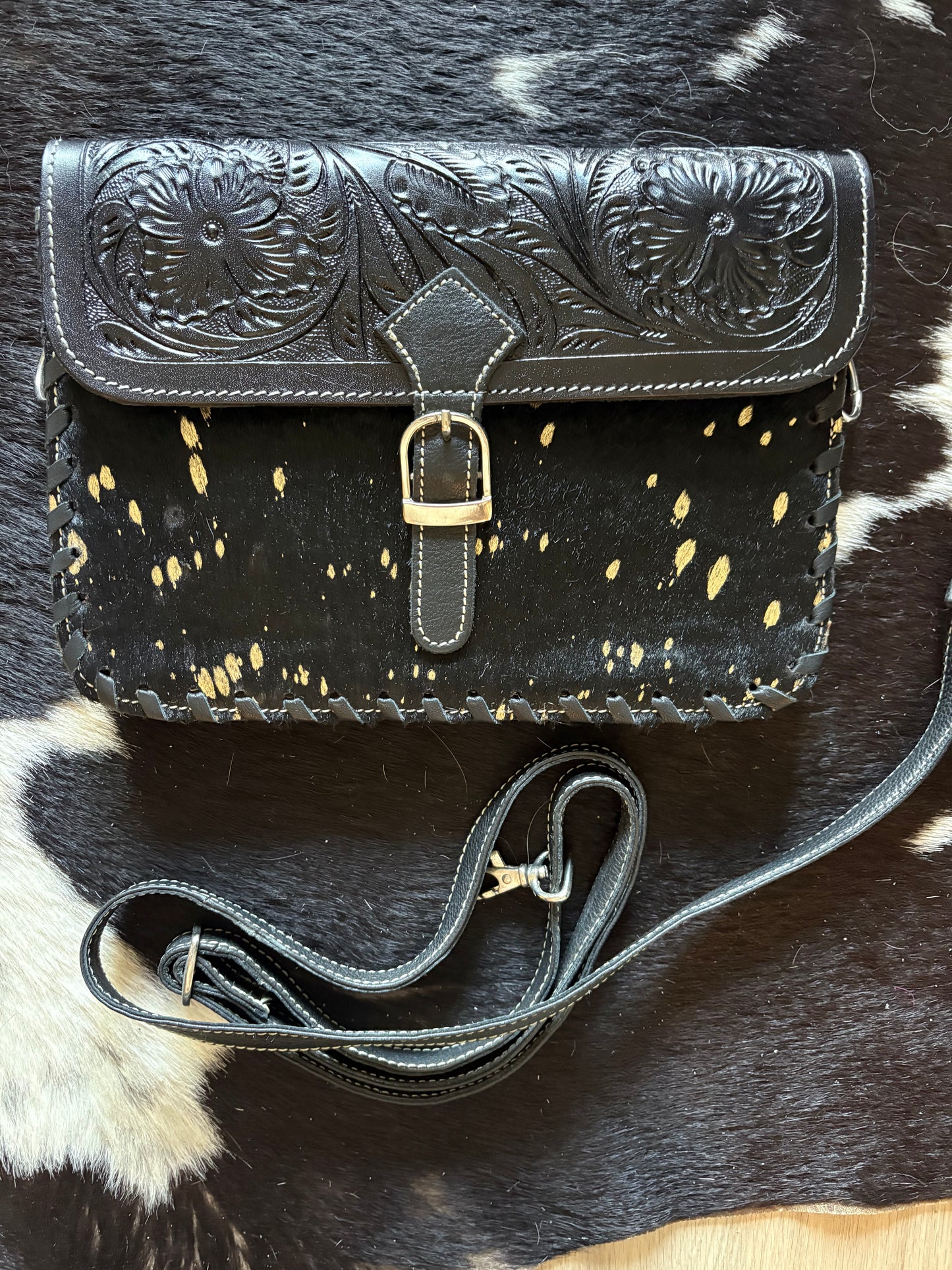 Iceberg purse black hide with gold black or brown tooling
