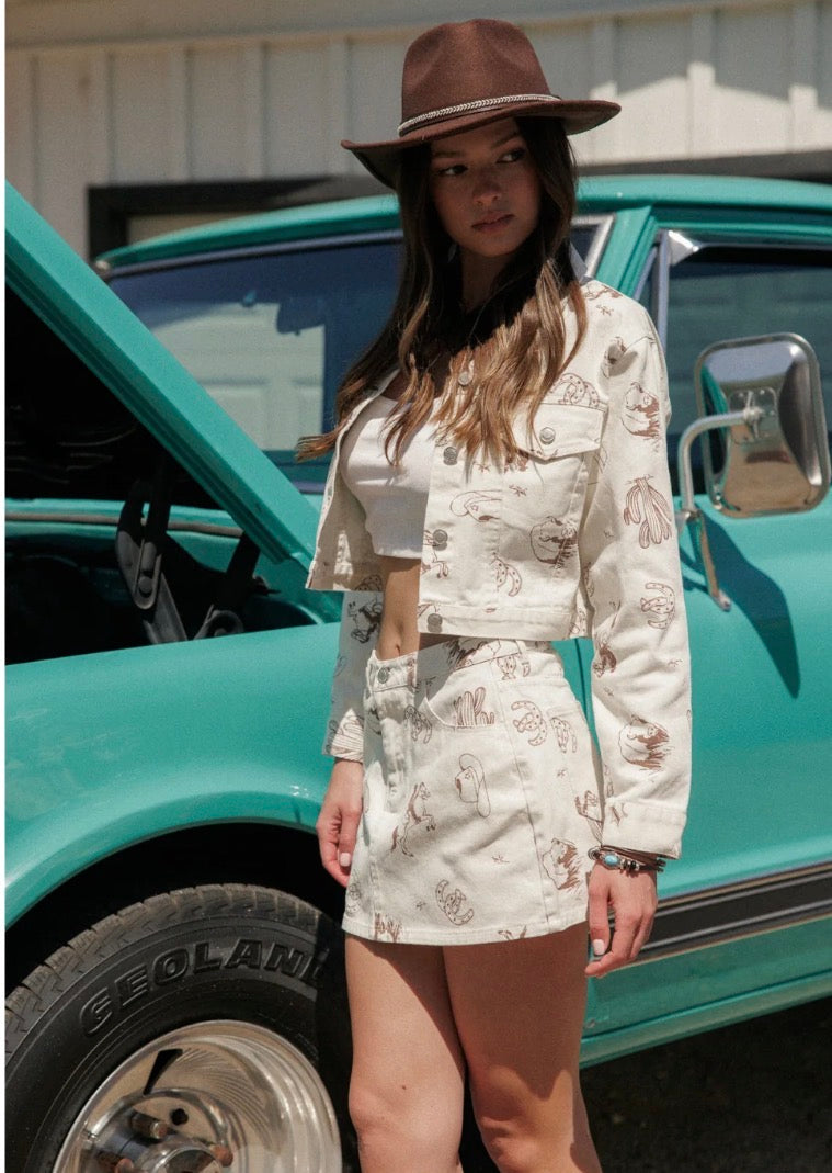 Western All Over Printed Trucker Jacket - Ivory/Brown