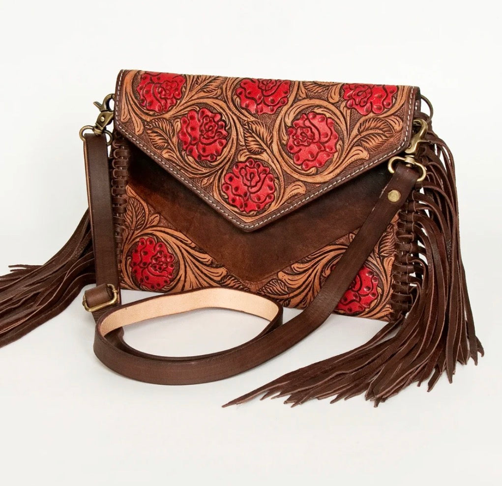 American Darling Hand Tooled Floral Carved Leather Envelope With Fringes