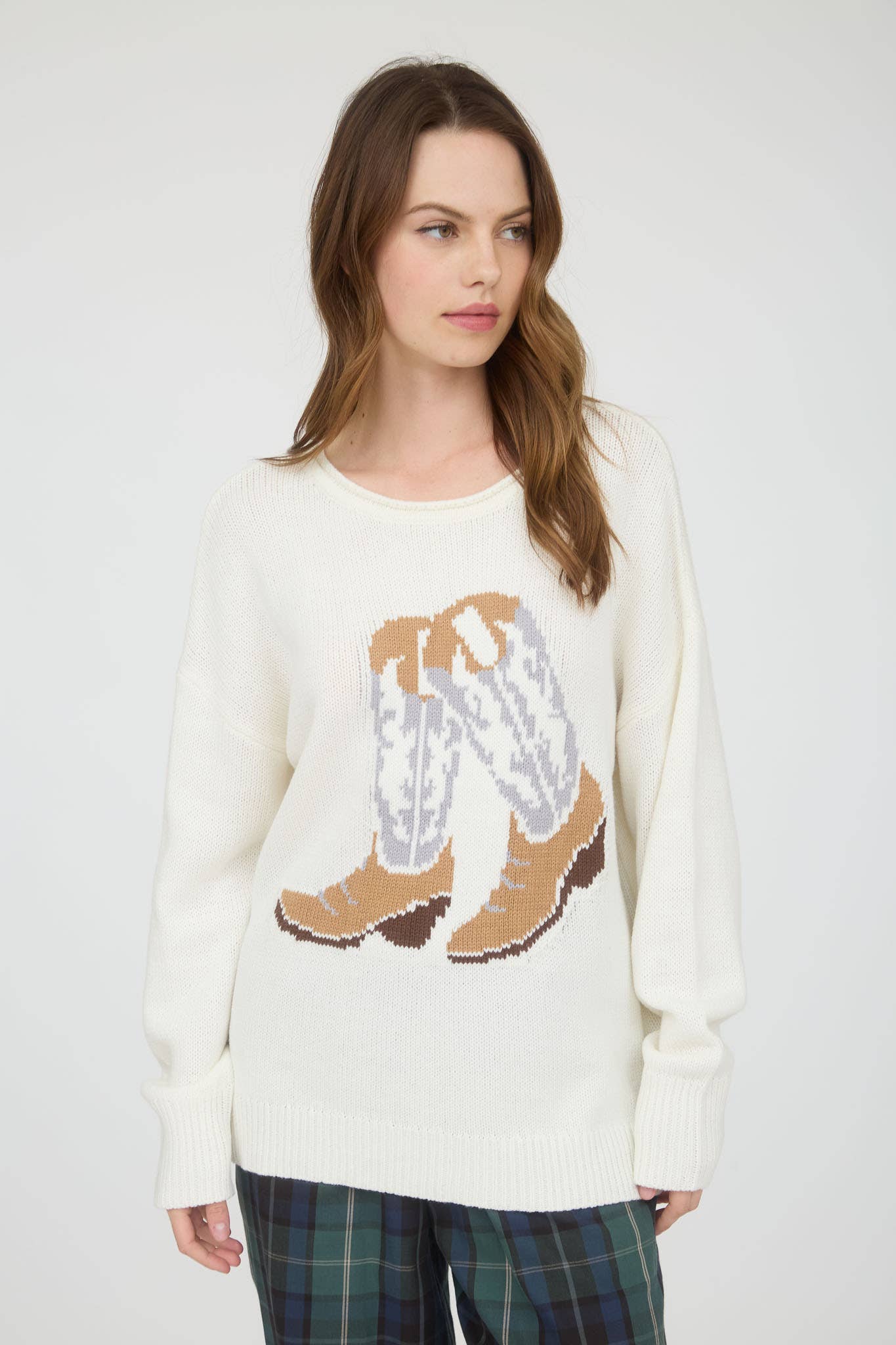 WESTERN BOOT JACQUARD LONG SLEEVE KNIT SWEATER