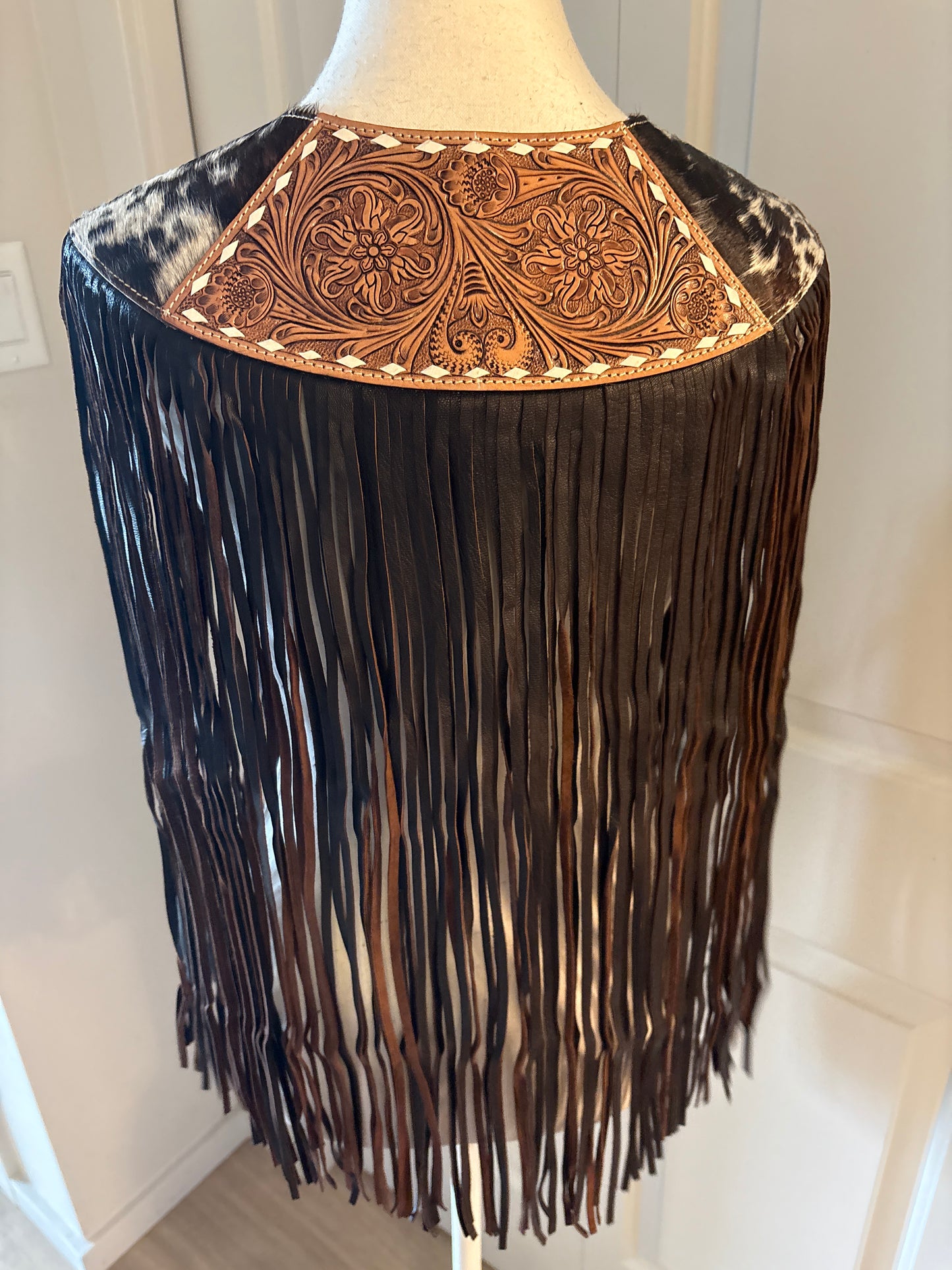 Handtooled hide fringe shawl brown