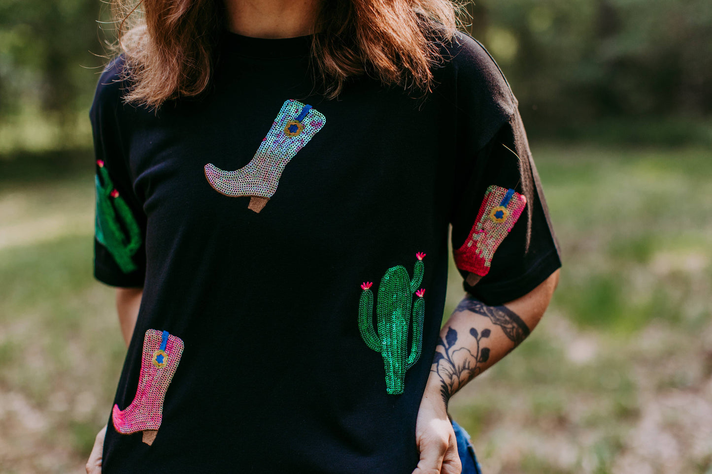 Last one large Cactus Boots sequins Embroidery Crop Tee