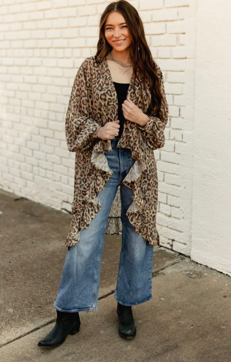 Turquoise Haven Ruffle Trim Leopard Kimono – Brown/Tan