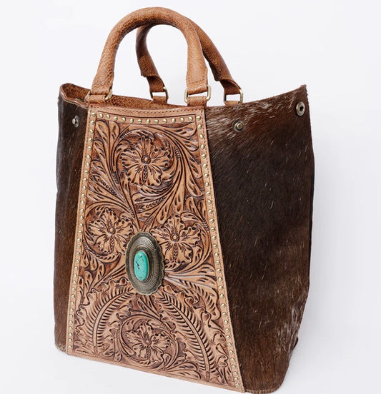 Hair-On Hide Western Tote With Tooled Leather & Turquoise Concho