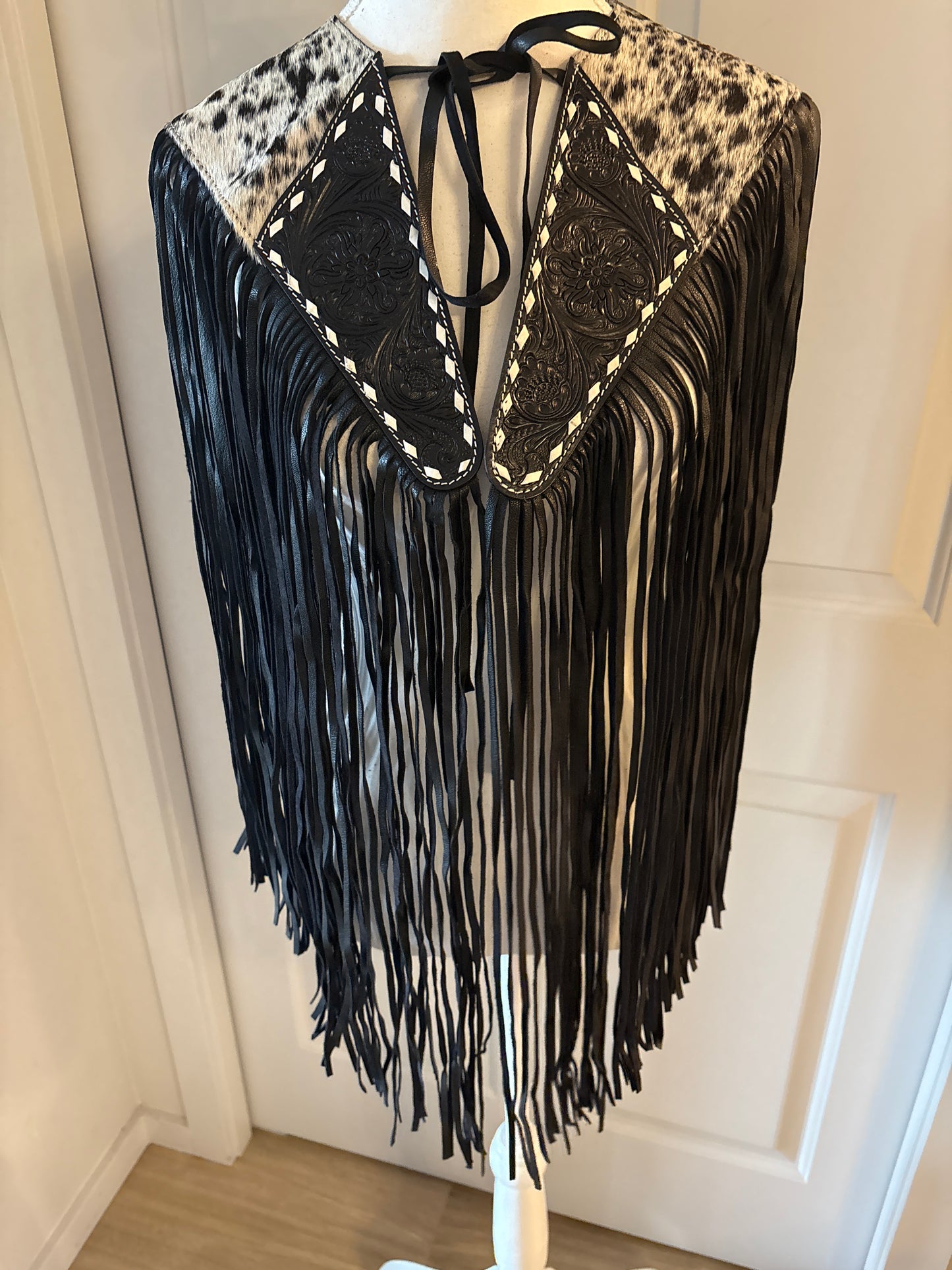 Handtooled hide fringe shawl black